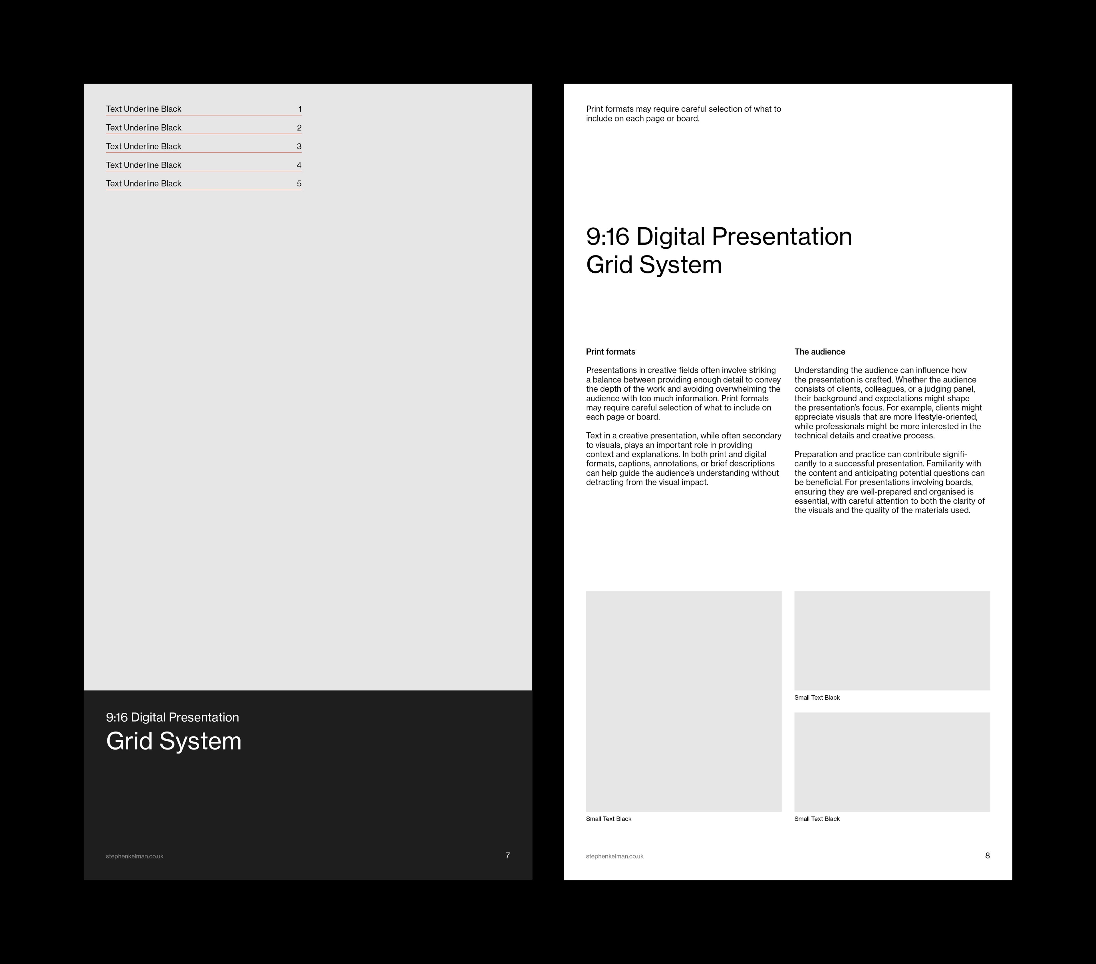 Contents-style slide with a black footer band facing a text-and-thumbnail layout.