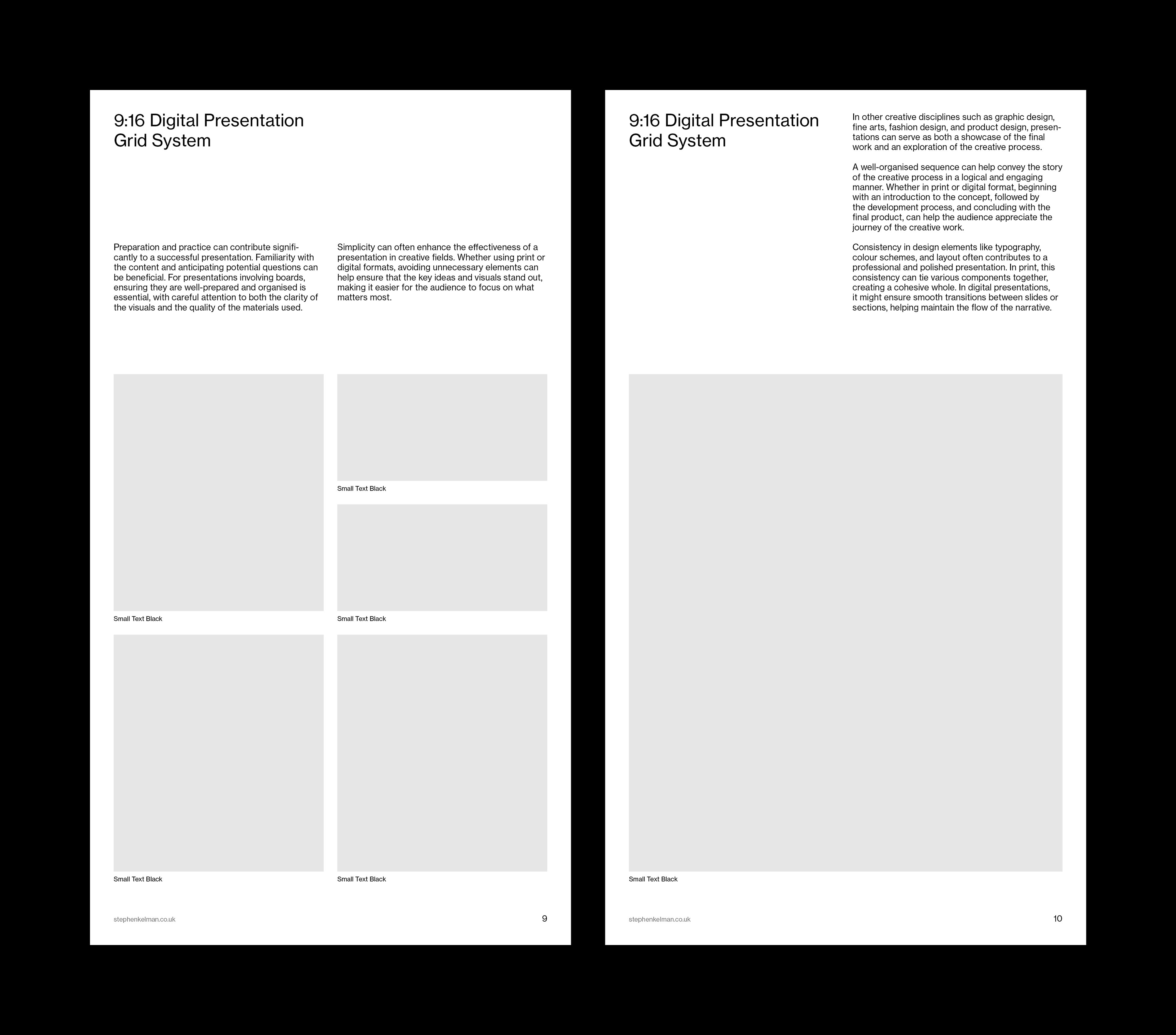 Two portrait layouts mixing text columns with stacked image placeholders and captions.