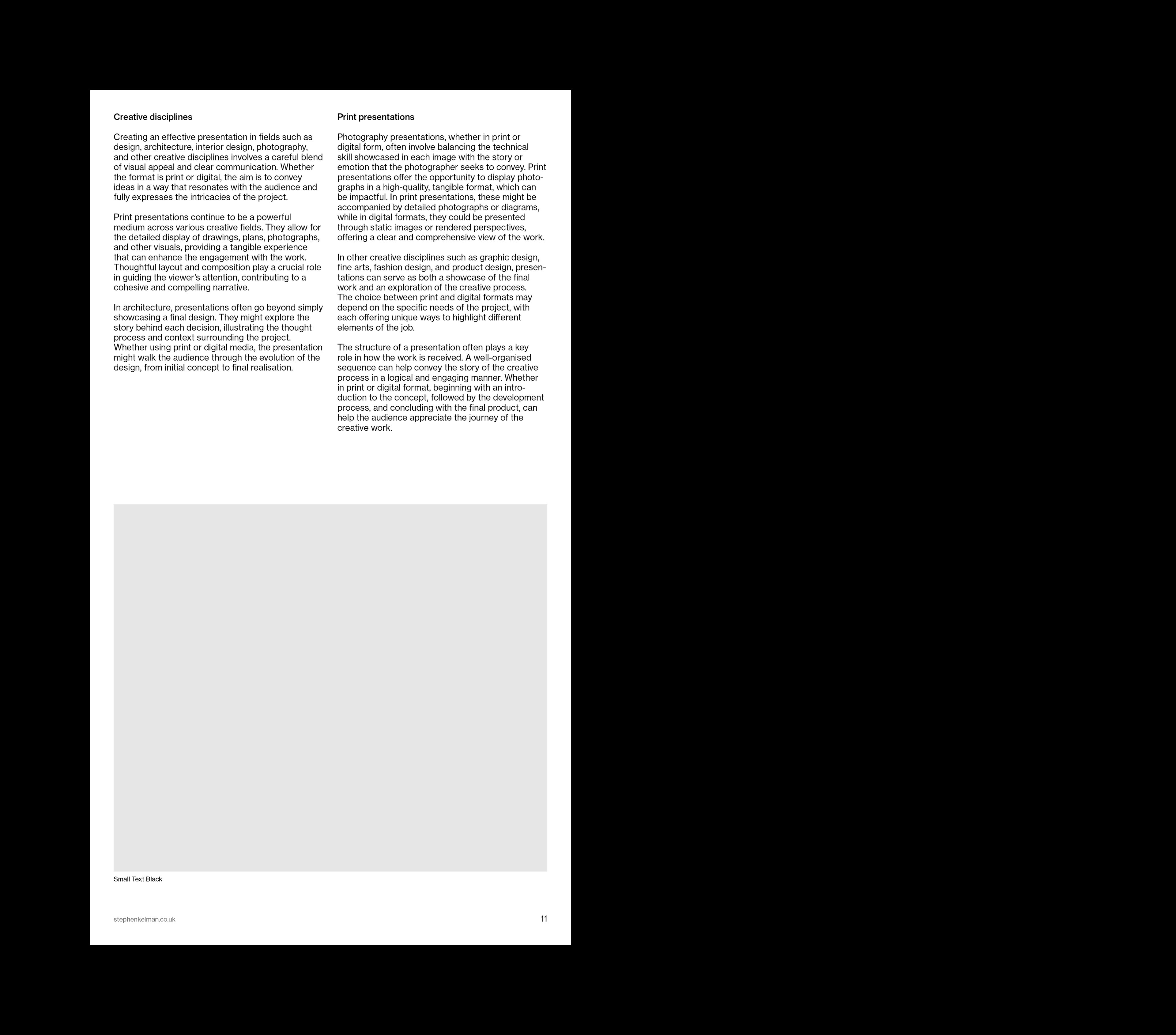 Single 9:16 slide with two essay columns above a wide image placeholder.
