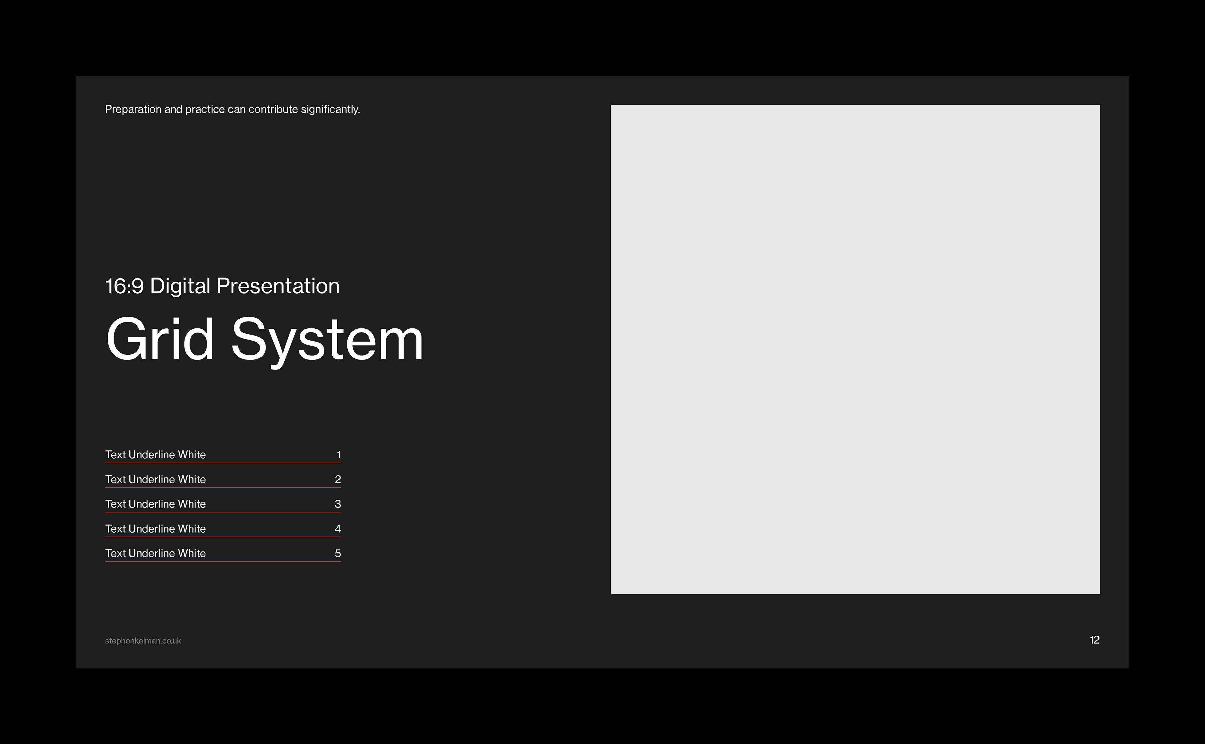 A dark mode 16:9 digital presentation layout showcasing a Swiss Style grid system with precise alignment and spacious structure. The composition balances bold, legible typography with a right-aligned placeholder for visual content. This design exemplifies the integration of layout, grid system, and modernist typographic principles for clear, functional presentation templates.