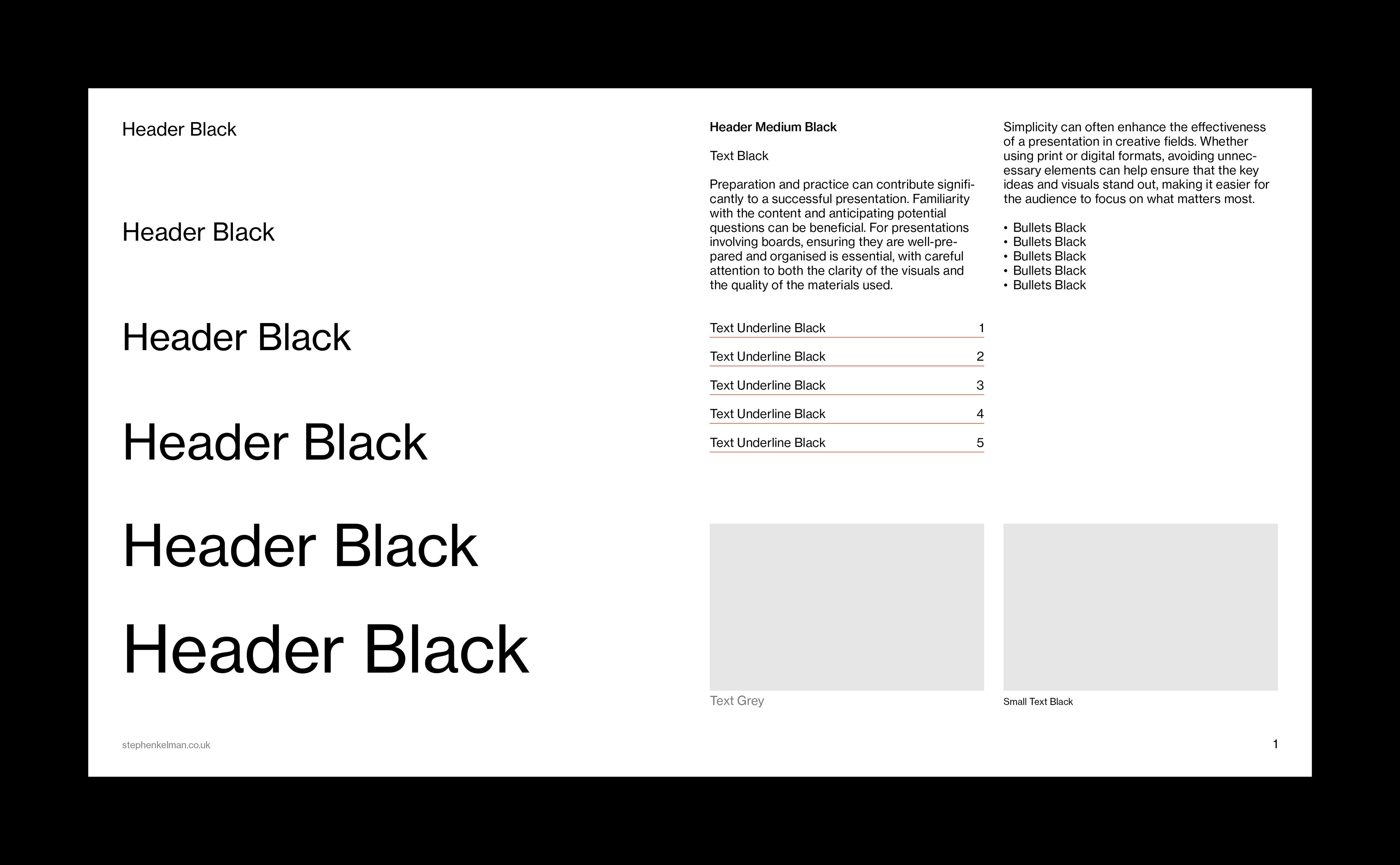 A 16:9 digital presentation style guide demonstrating a Swiss Style grid system with a strong emphasis on typography and layout hierarchy. The slide showcases multiple header sizes, paragraph text, bullet points, and navigation links, all precisely aligned within a modular grid. This presentation template highlights how clean layout and consistent typography enhance structure and readability.