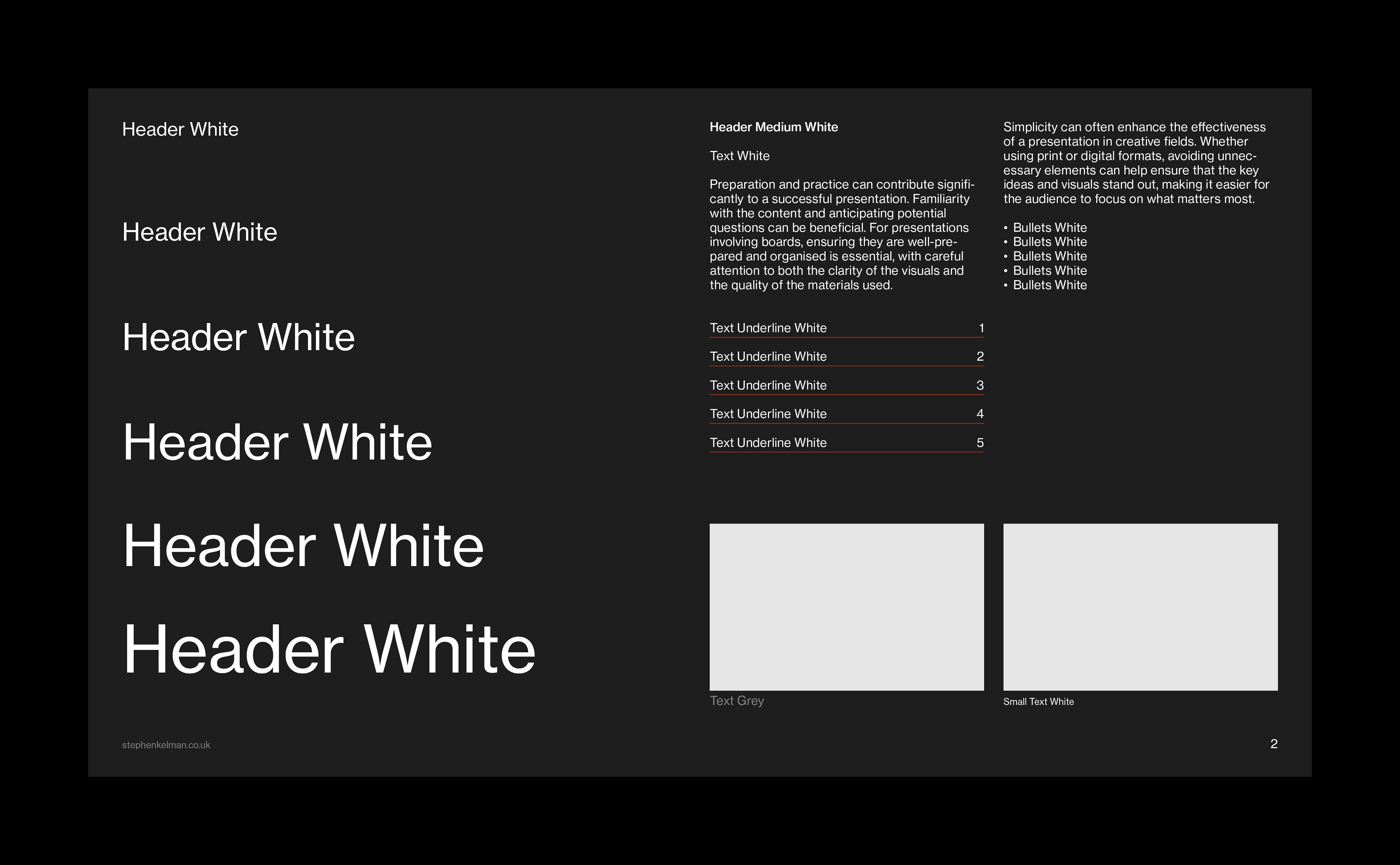 A dark mode 16:9 presentation style guide demonstrating a Swiss Style approach to layout, grid system, and typography. The slide features a full range of header sizes in white, body copy, bullet points, and navigation elements—all aligned to a modular grid. This template emphasizes visual consistency and typographic clarity across various content types.