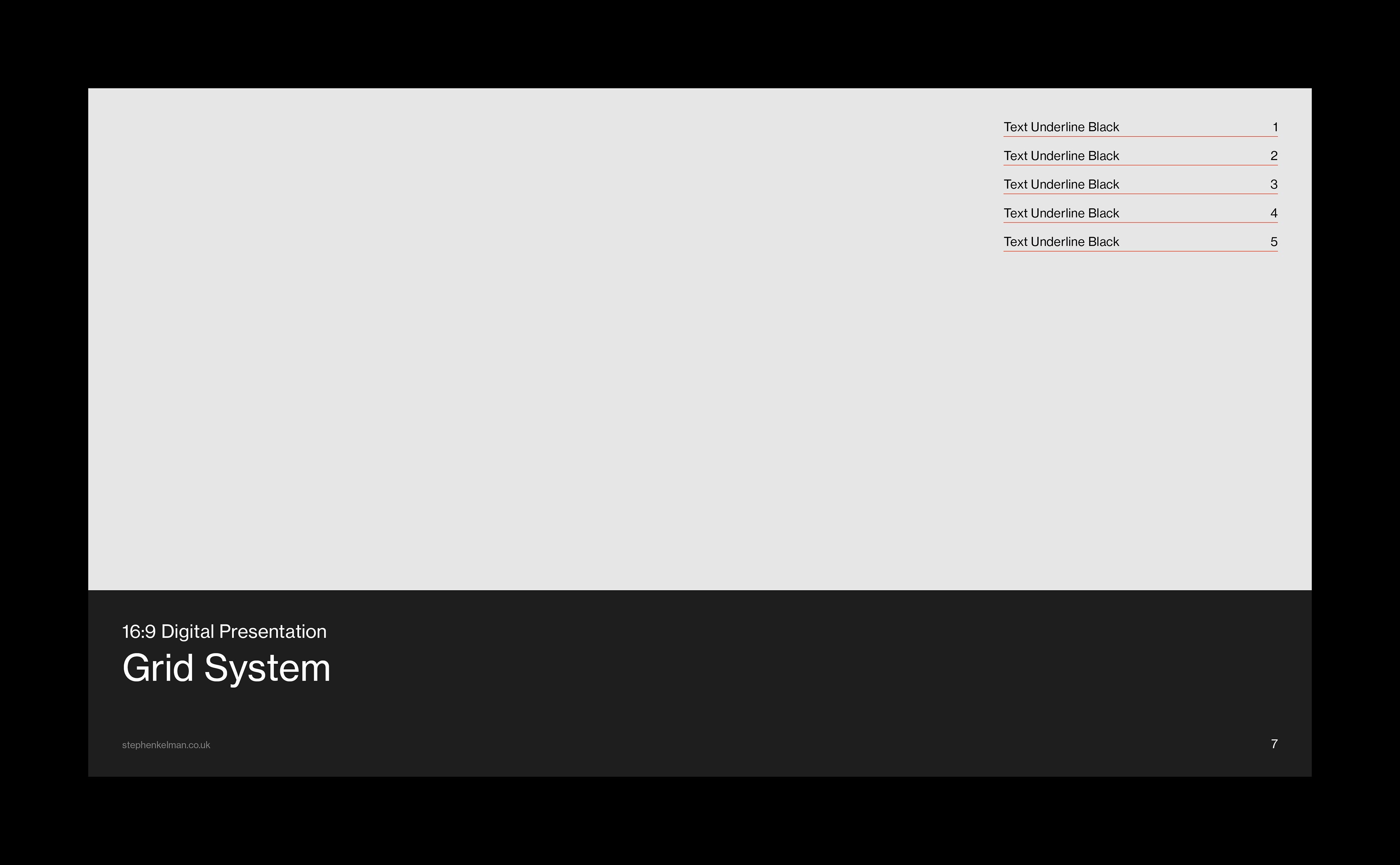 A 16:9 digital presentation slide featuring a Swiss Style grid system with a clean horizontal layout. The bottom third of the slide uses a dark band to anchor the title and website, contrasting with the lighter upper section reserved for content or visuals. This minimal design highlights the power of layout, grid structure, and refined typography to create visual balance and clarity.