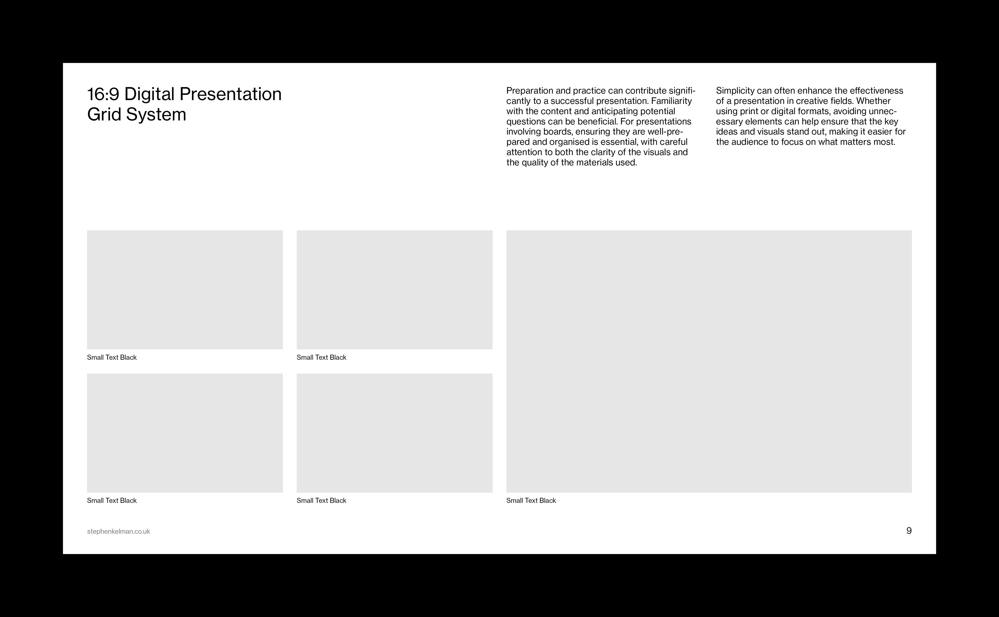 A 16:9 digital presentation slide structured using a Swiss Style grid system, combining typographic content with multiple image placeholders. The layout aligns three columns of text at the top with five equally spaced visual modules below, demonstrating how layout, grid systems, and typography work together to create clarity and balance in modern presentation design.