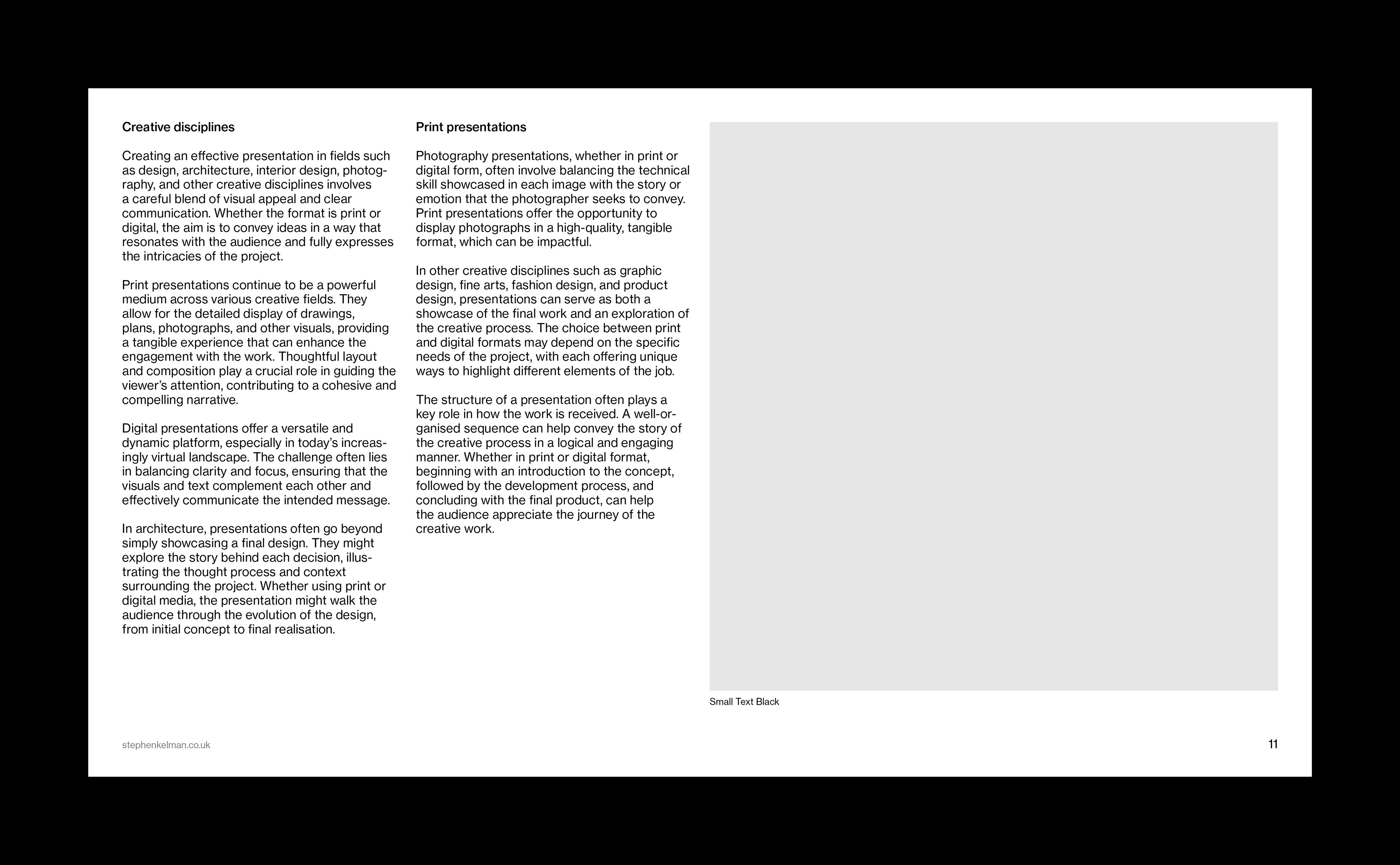 A 16:9 digital presentation slide following a Swiss Style grid system, featuring two dense columns of text alongside a large visual placeholder. The structured layout uses precise spacing and typographic consistency to enhance readability, demonstrating how layout, grid systems, and typography contribute to professional and balanced presentation design.
