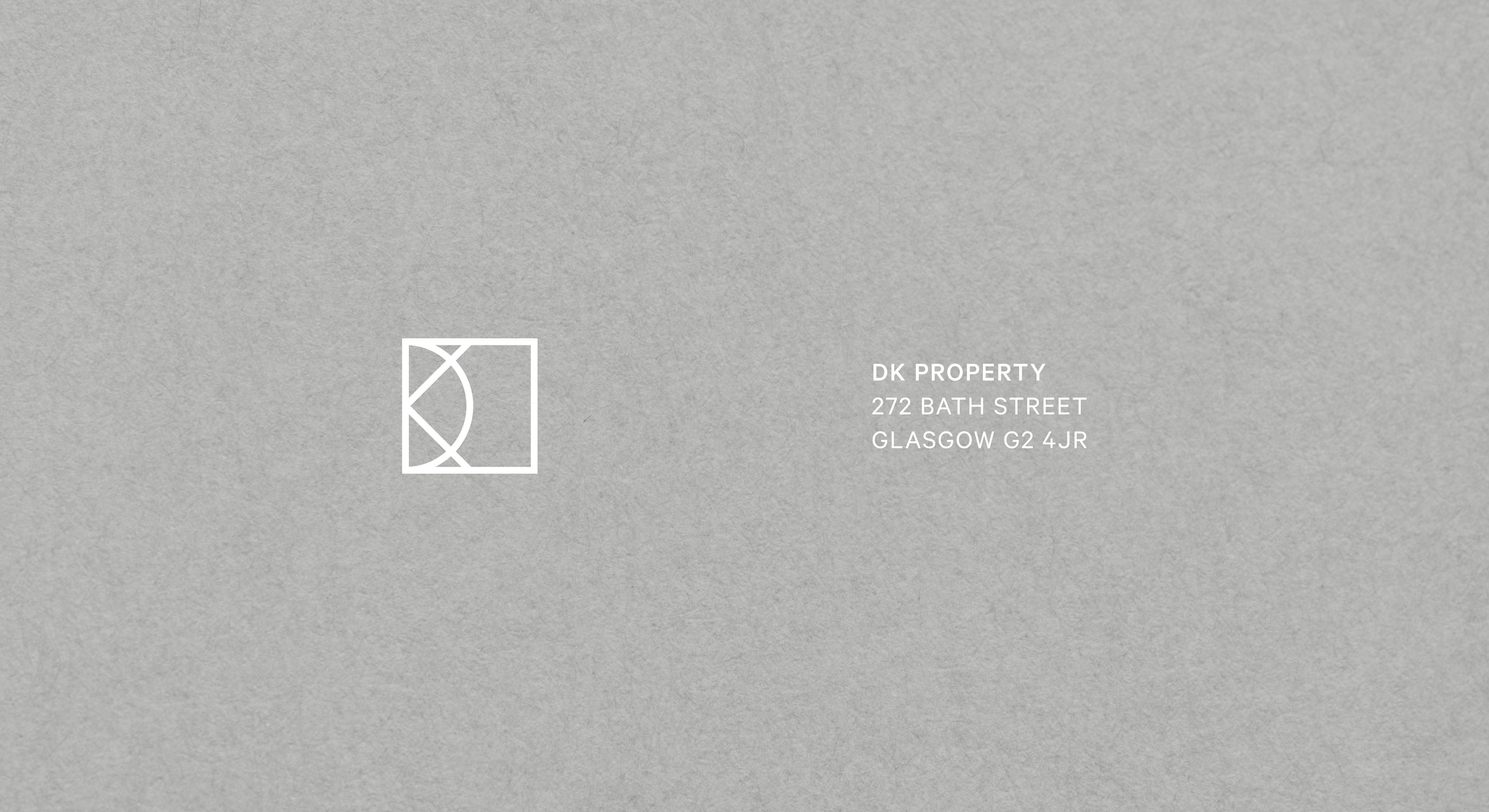 DK Property geometric line monogram and Glasgow address in white on a grey textured ground.