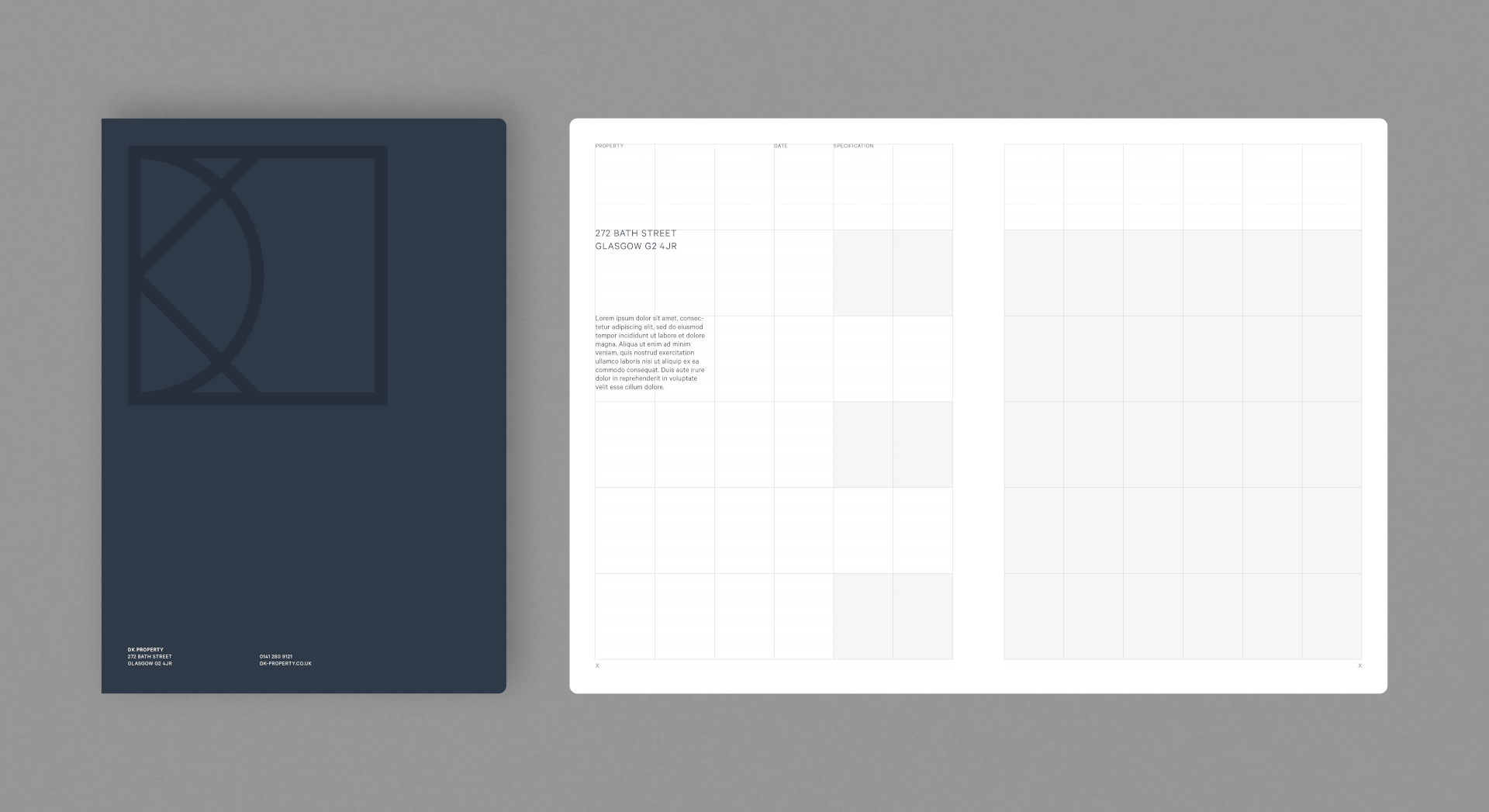 Navy report cover with enlarged monogram beside an inside spread laid out on a squared grid.