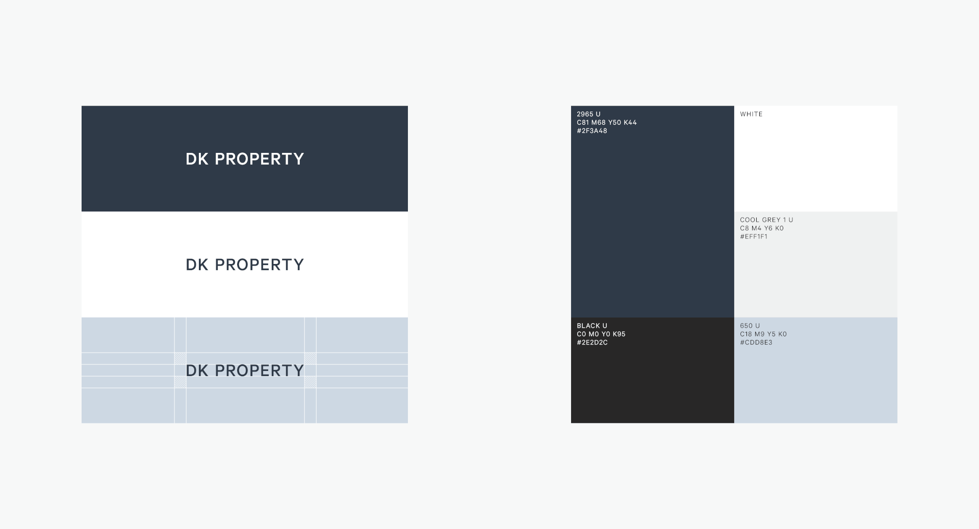 Wordmark shown on navy, white and grid-lined grounds beside the navy, grey and black colour palette.