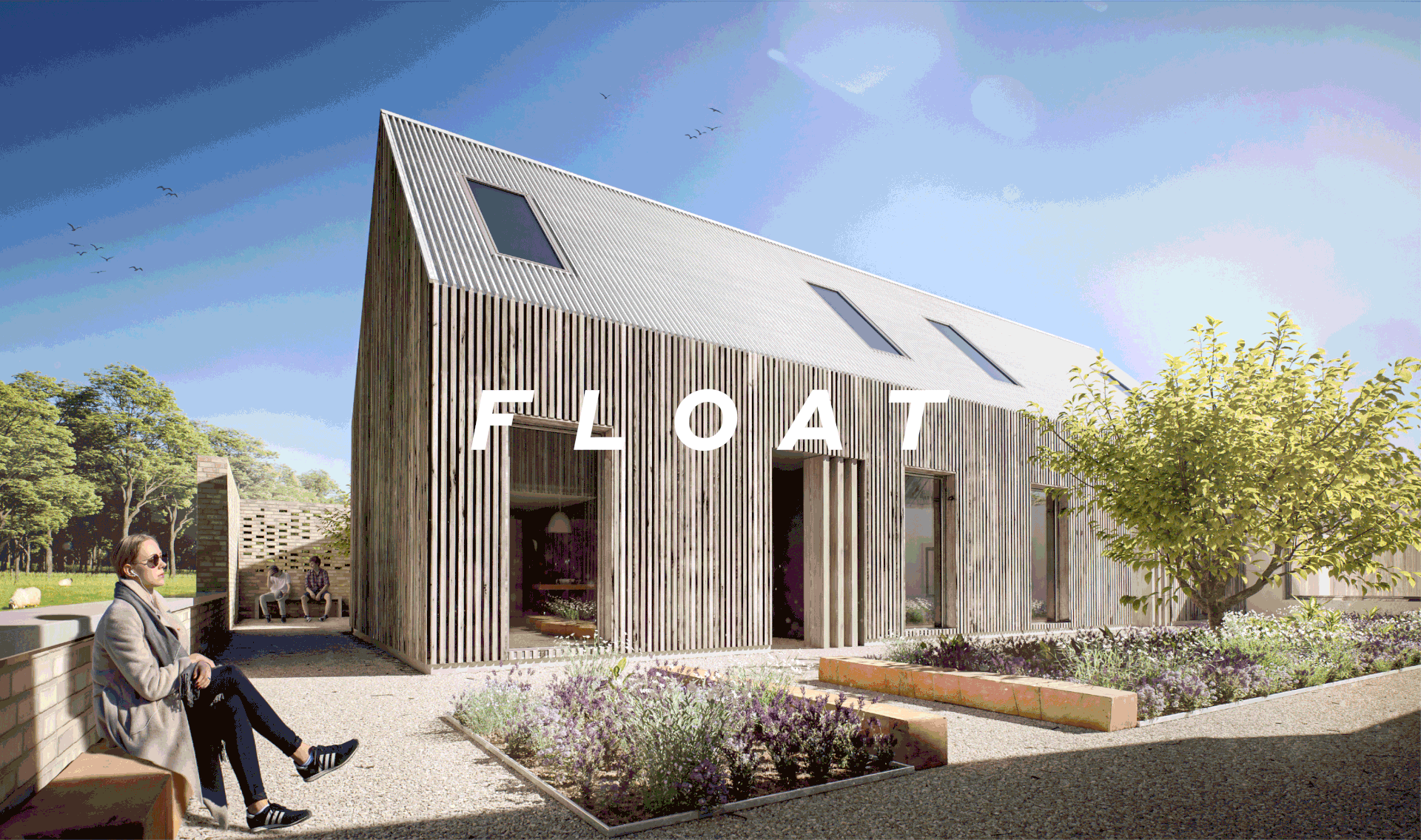 Architectural visualisation of a timber-clad studio building with the Float logotype set across the facade.