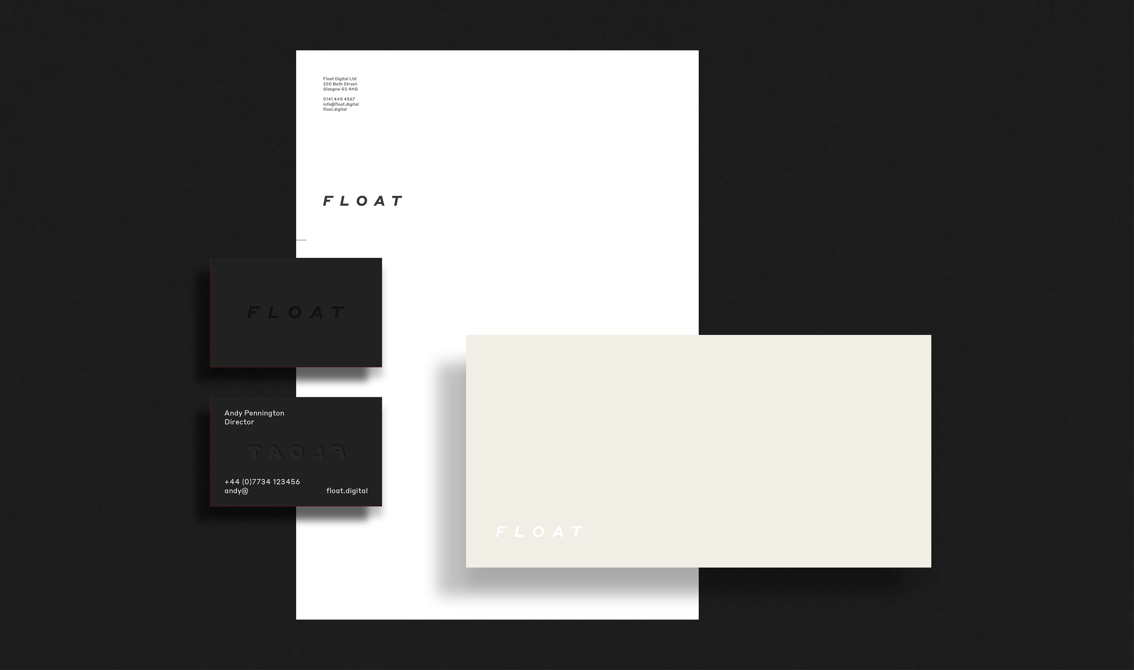 Float stationery suite: letterhead, black business cards and cream envelope with the letter-spaced logotype.