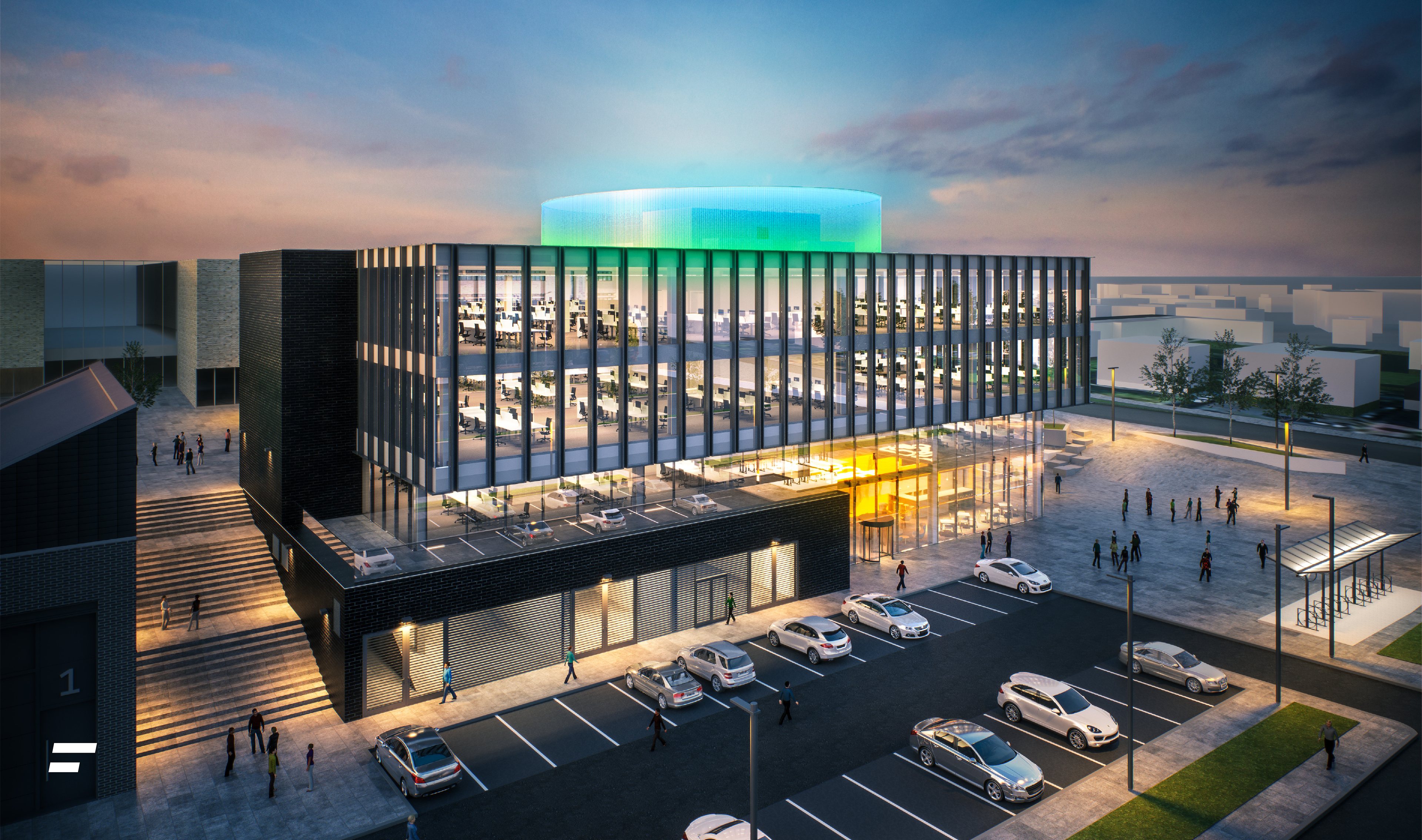 Night-time visualisation of a glass office building with a glowing green-blue rooftop drum.