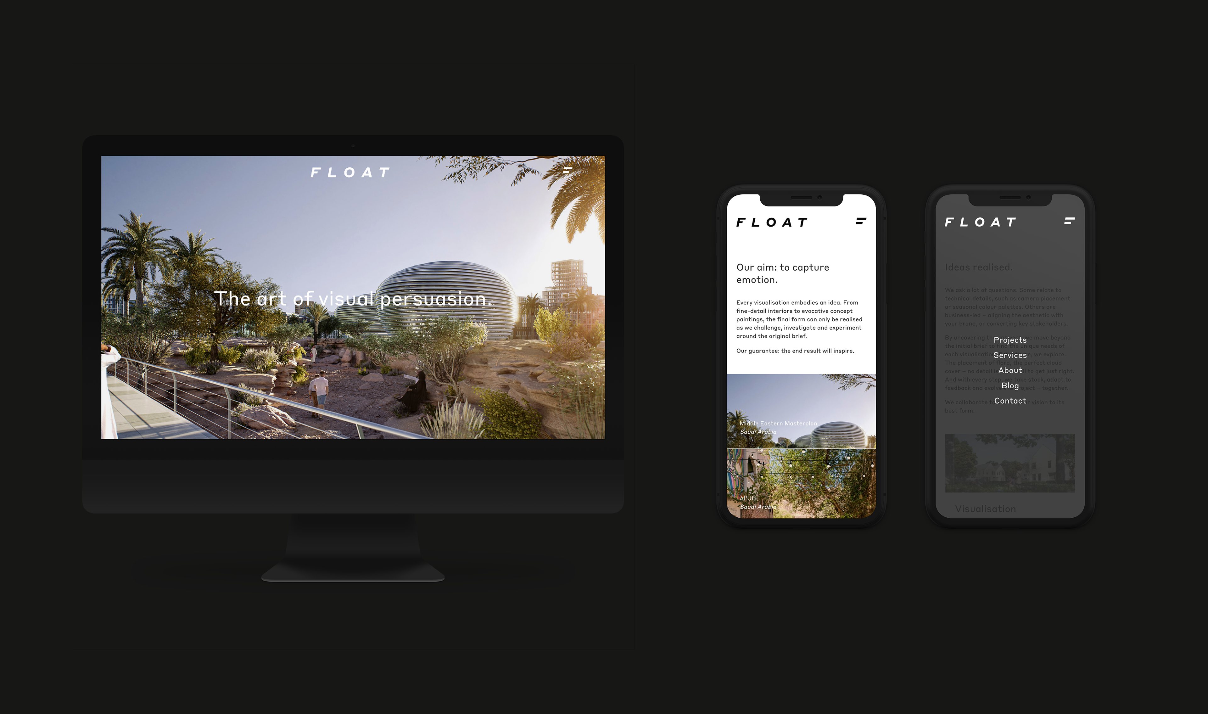 Float website shown on desktop and mobile screens, a dark interface framing landscape visualisations.