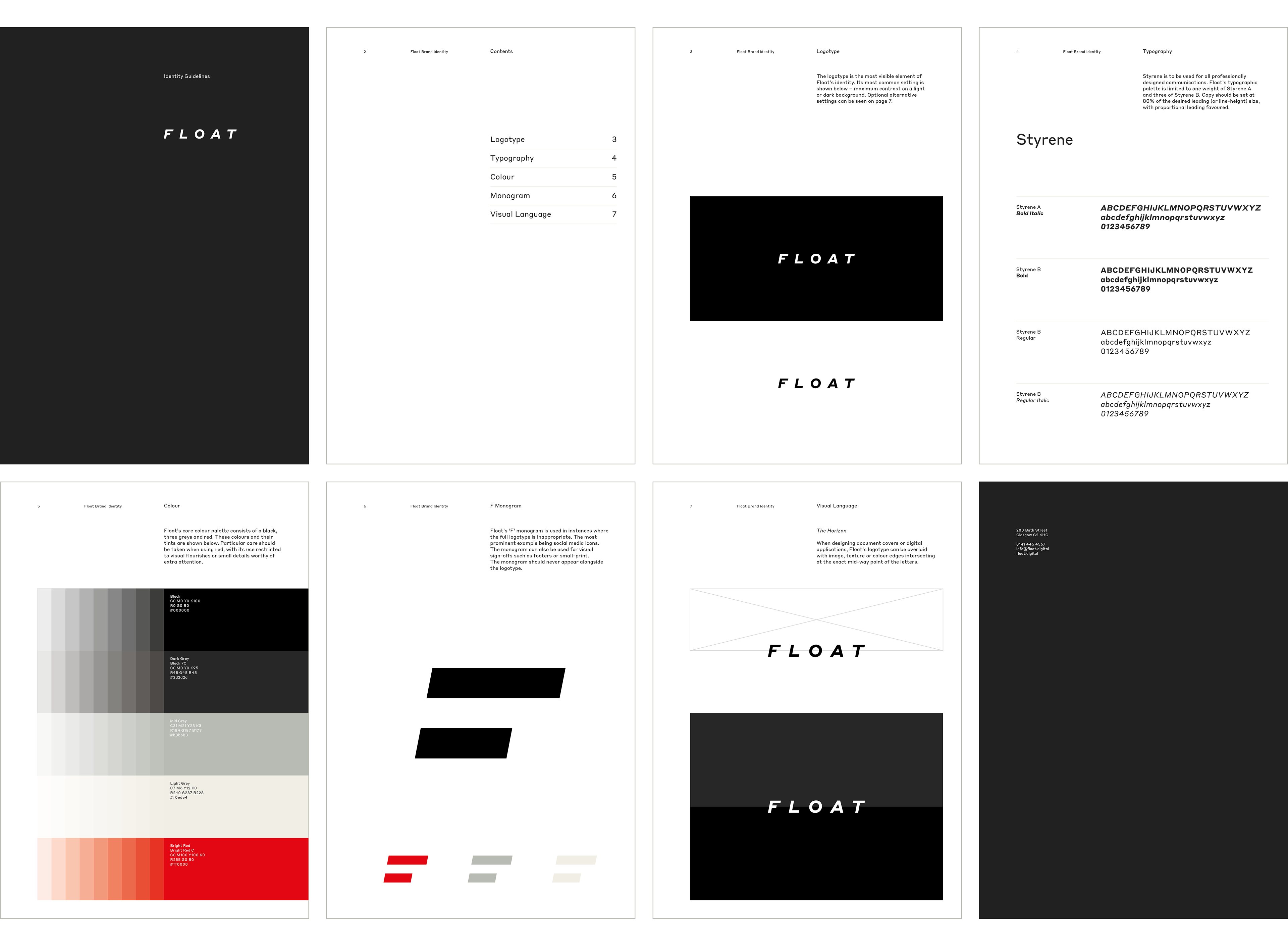 Overview of identity guideline pages covering logotype, typography, colour and visual language.