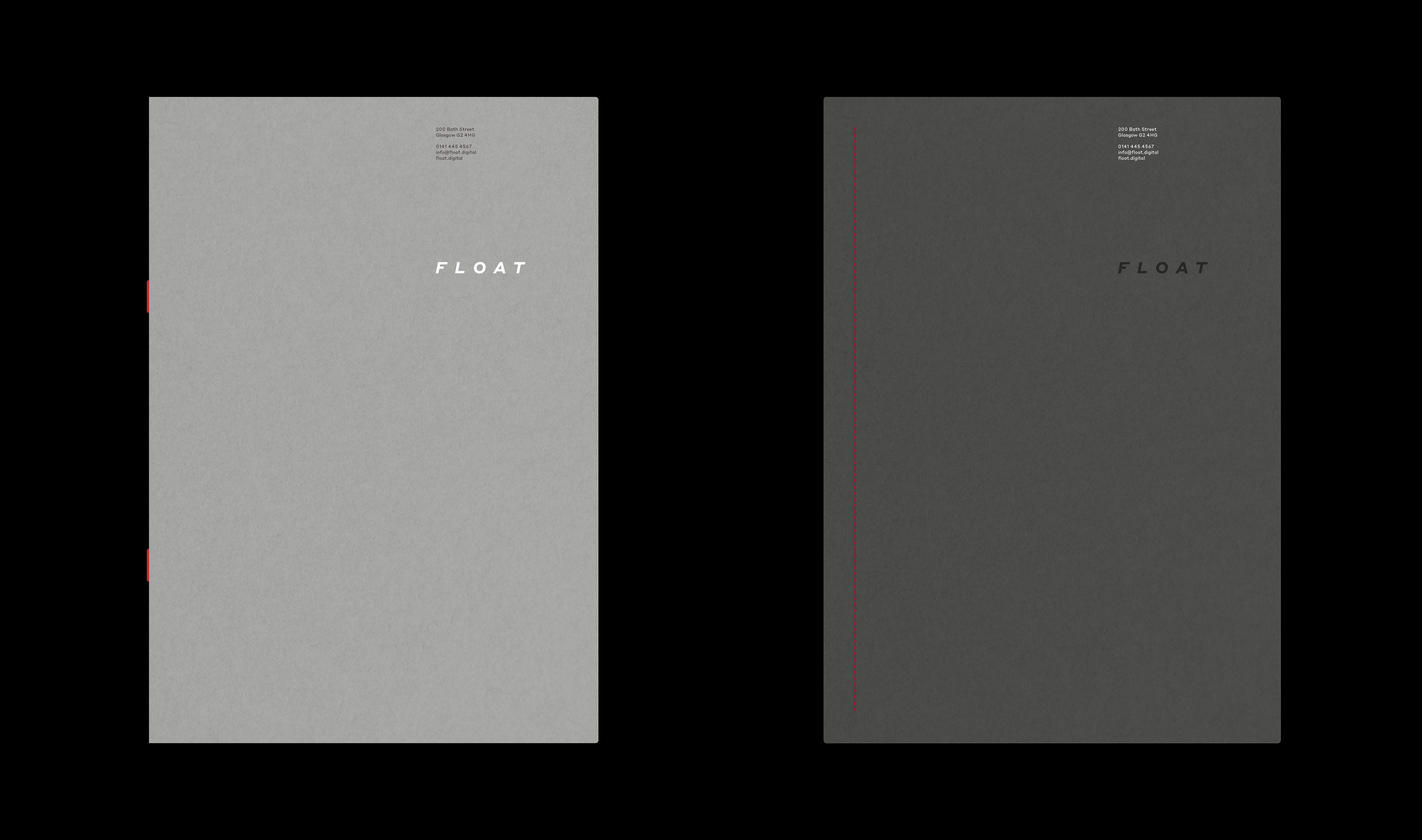 Light and dark grey brochure covers on black, each carrying the small Float wordmark.