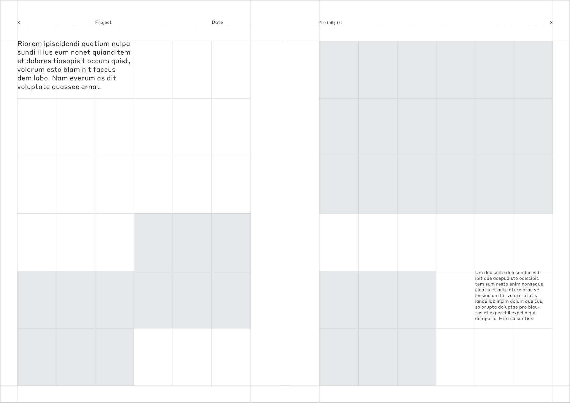 Brochure spread template with modular grid, grey image blocks and caption columns.