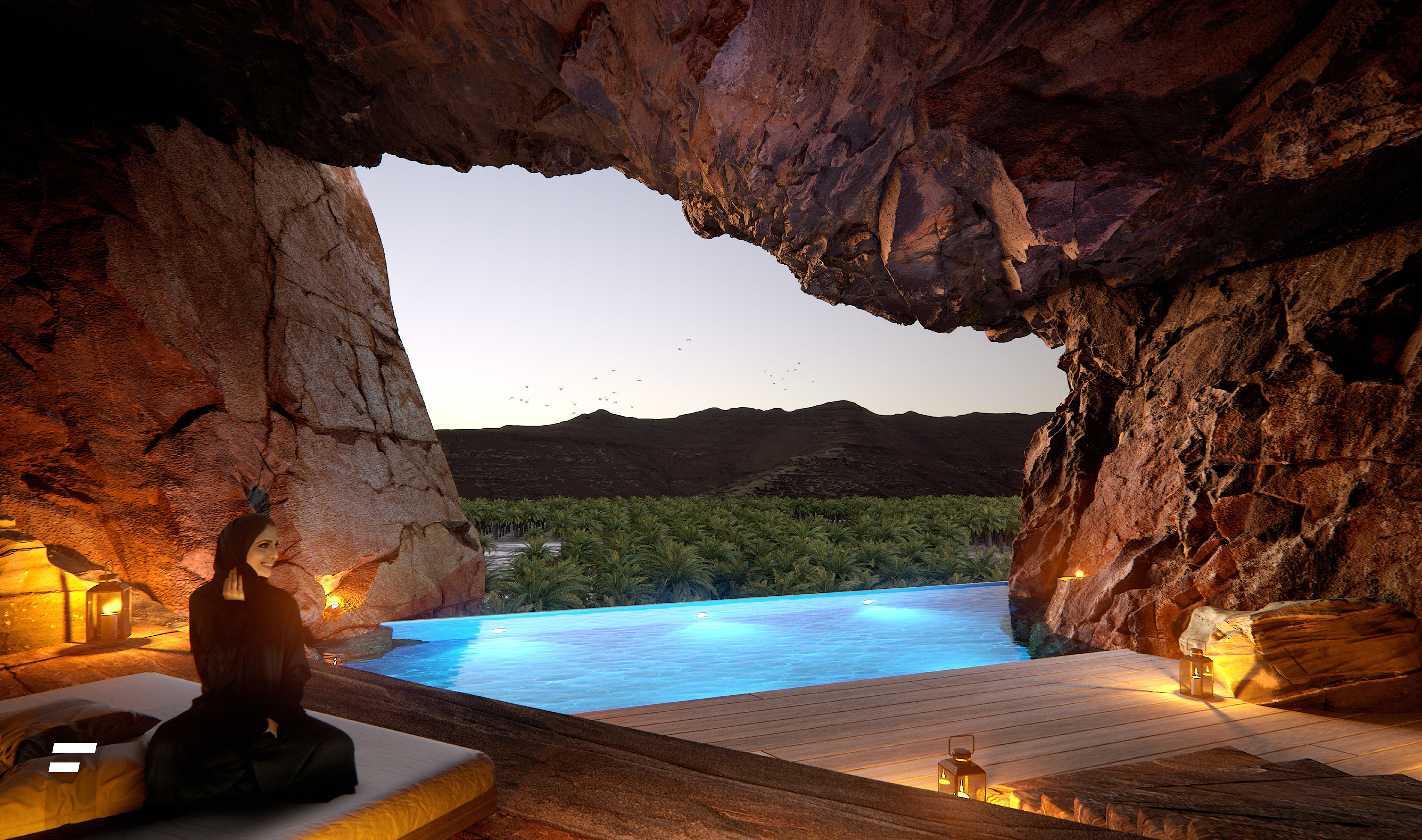Dusk visualisation of a cave-side infinity pool looking out over wooded hills.