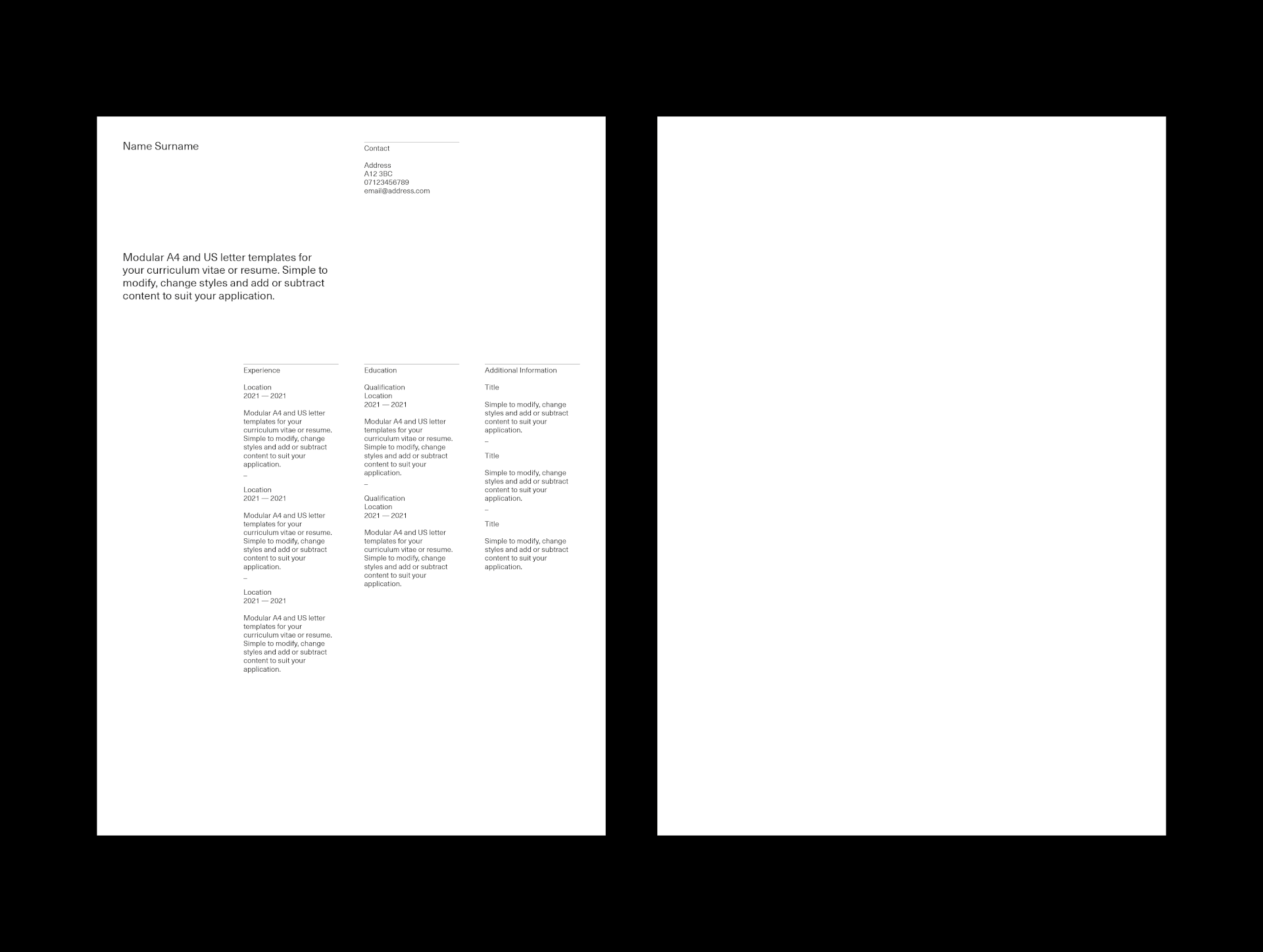 CV and Resume Template for InDesign cover: A4 CV page with name header and three-column layout beside a blank sheet.
