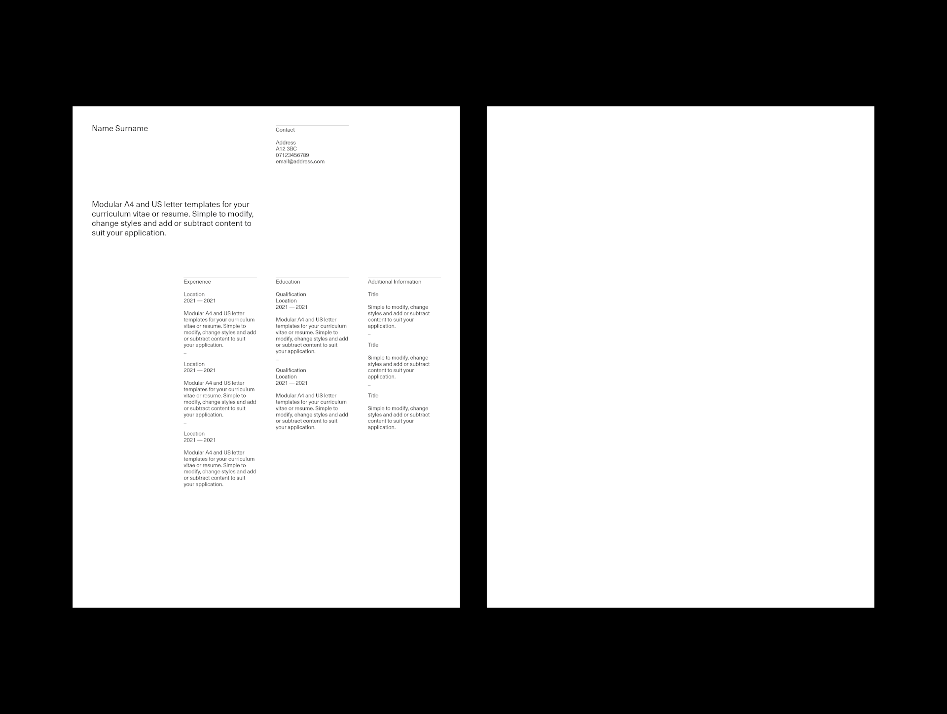 US Letter version of the CV layout, with intro paragraph and columns for experience, education and additional info.