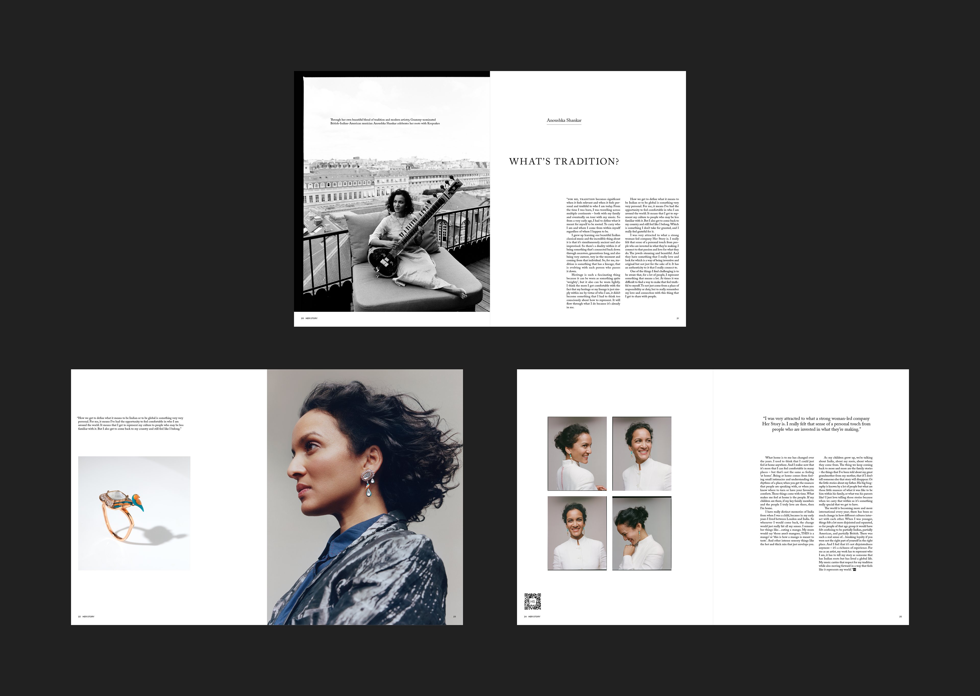 Three spread examples from the jewellery magazine 'Her Story'