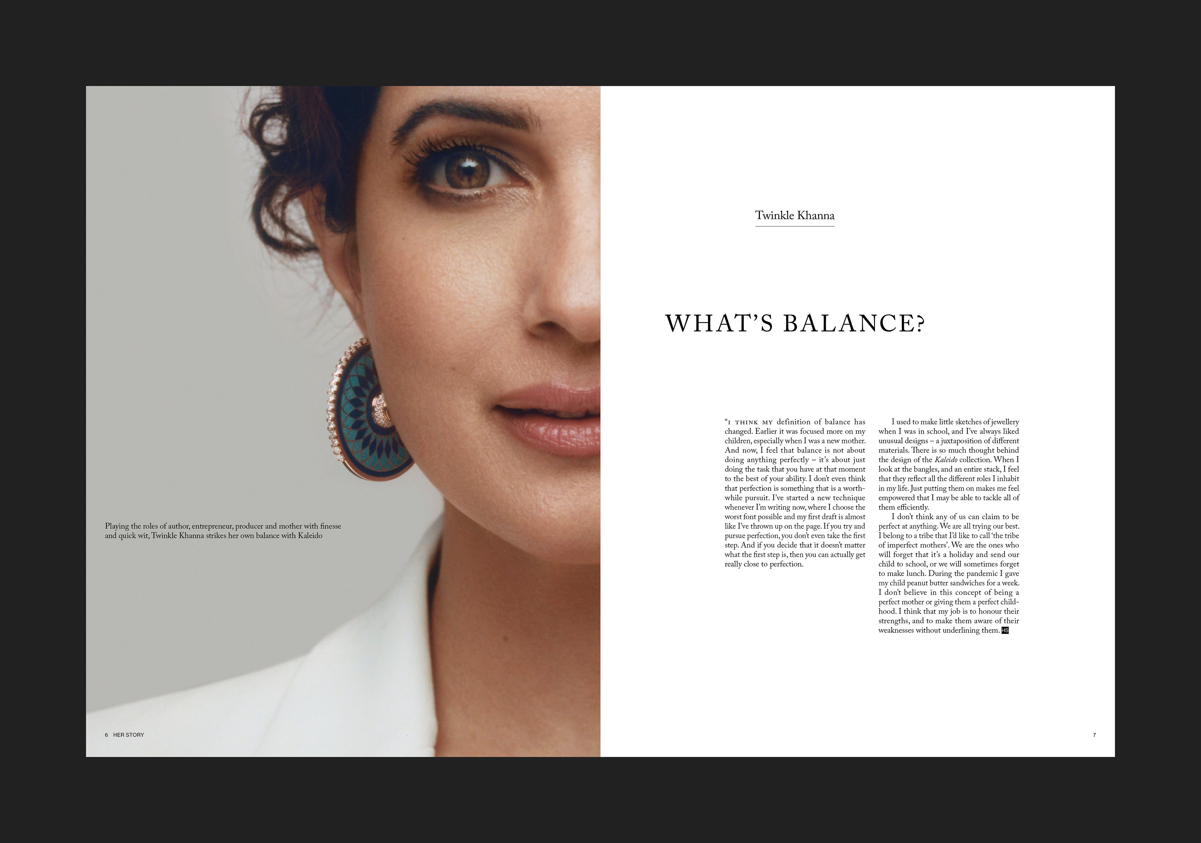 Spread design for jewellery magazine 'Her Story'. This spread features Twinkle Khanna