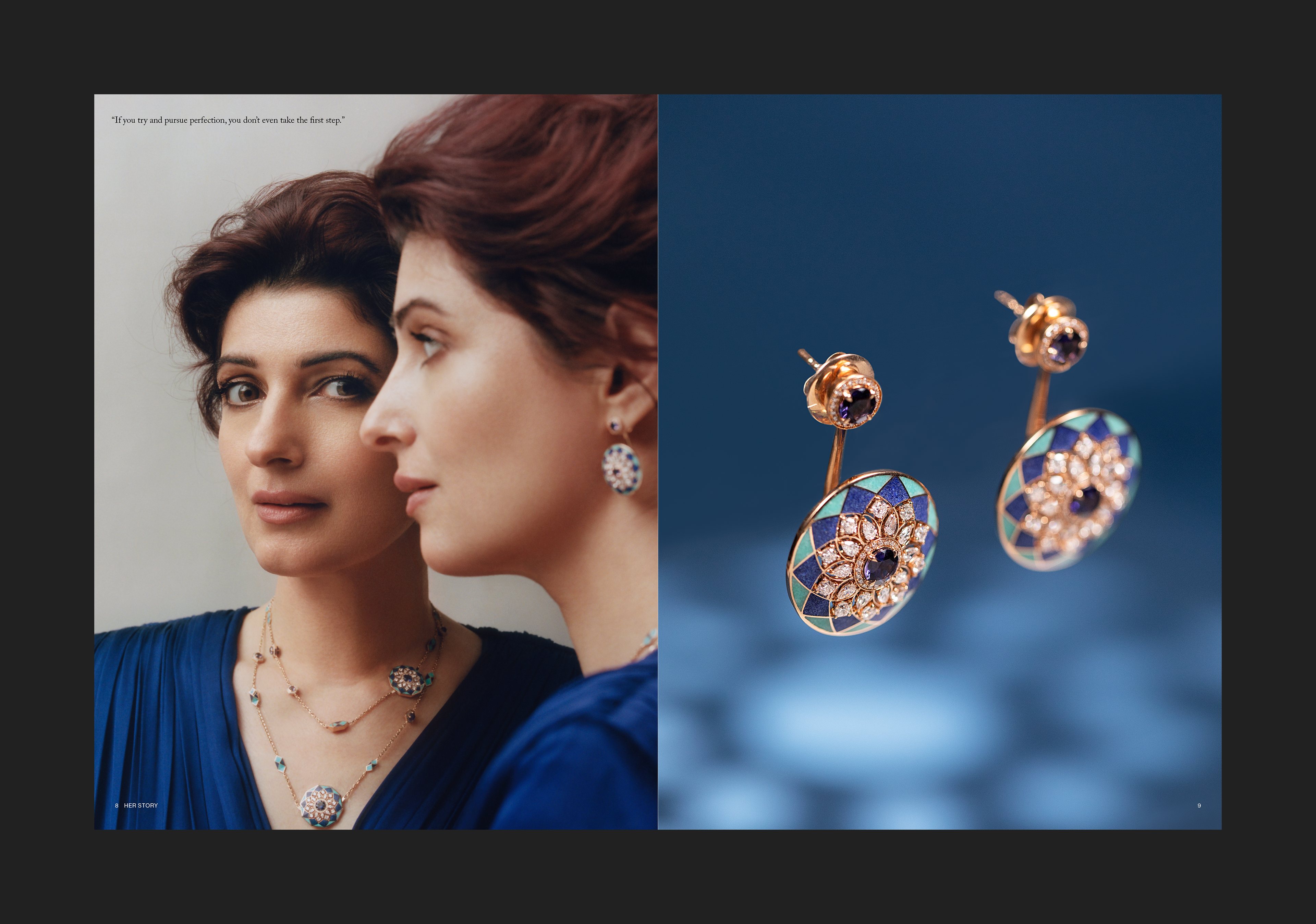Spread design for jewellery magazine 'Her Story'. This spread features Twinkle Khanna