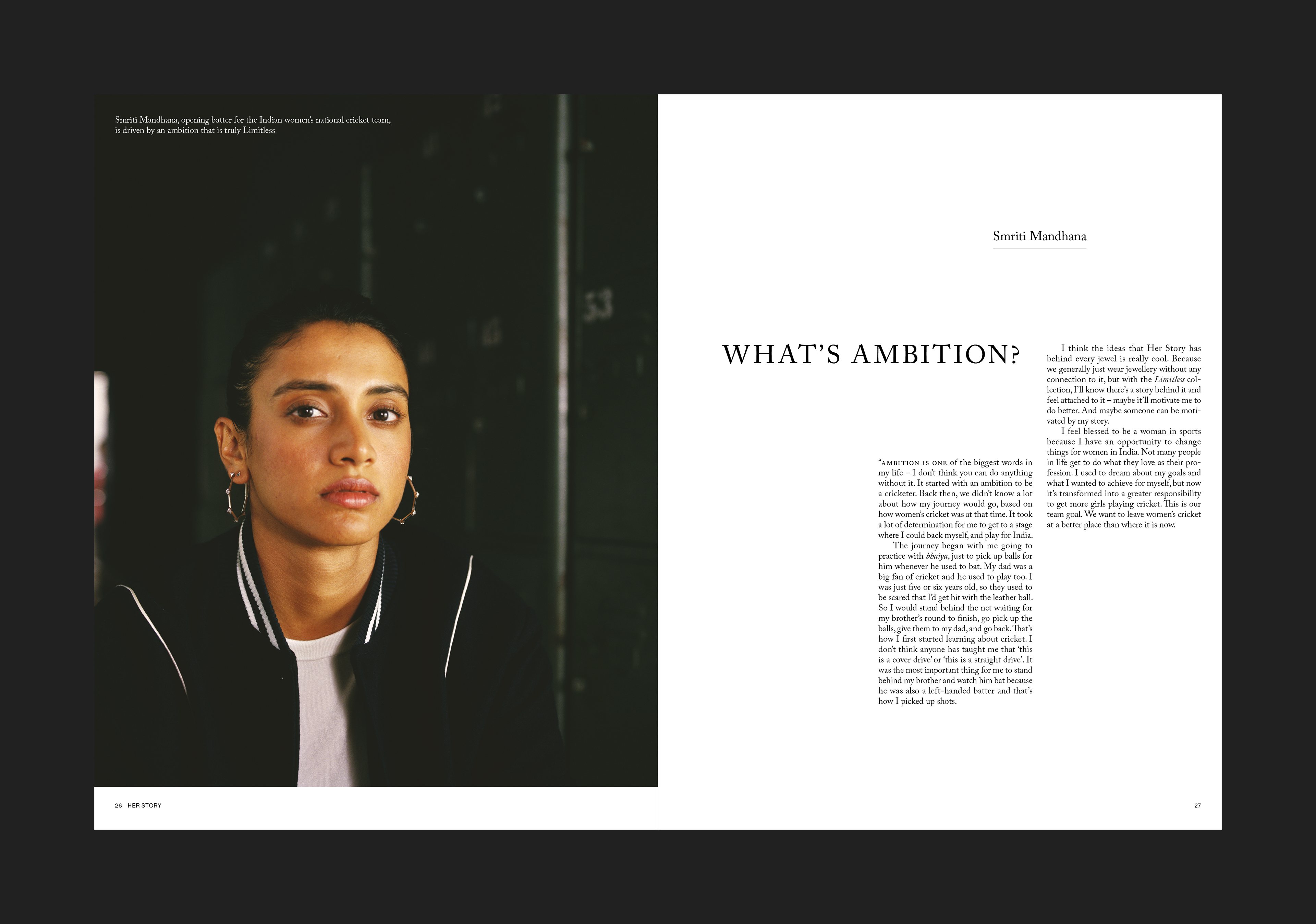 Spread design for jewellery magazine 'Her Story'. This spread features Smriti Mandhana