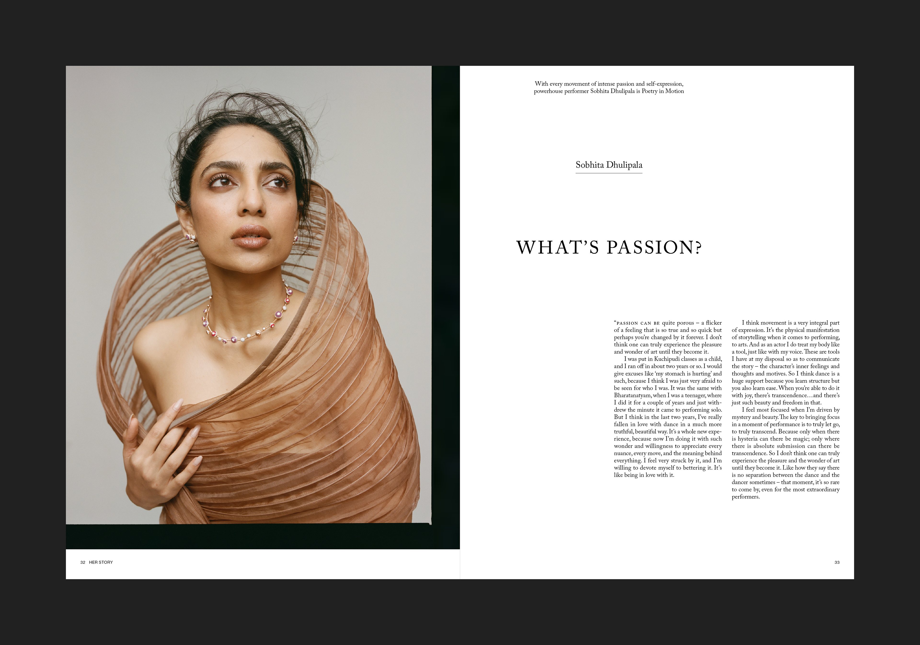 Spread design for jewellery magazine 'Her Story'. This spread features Sobhita Dhulipala