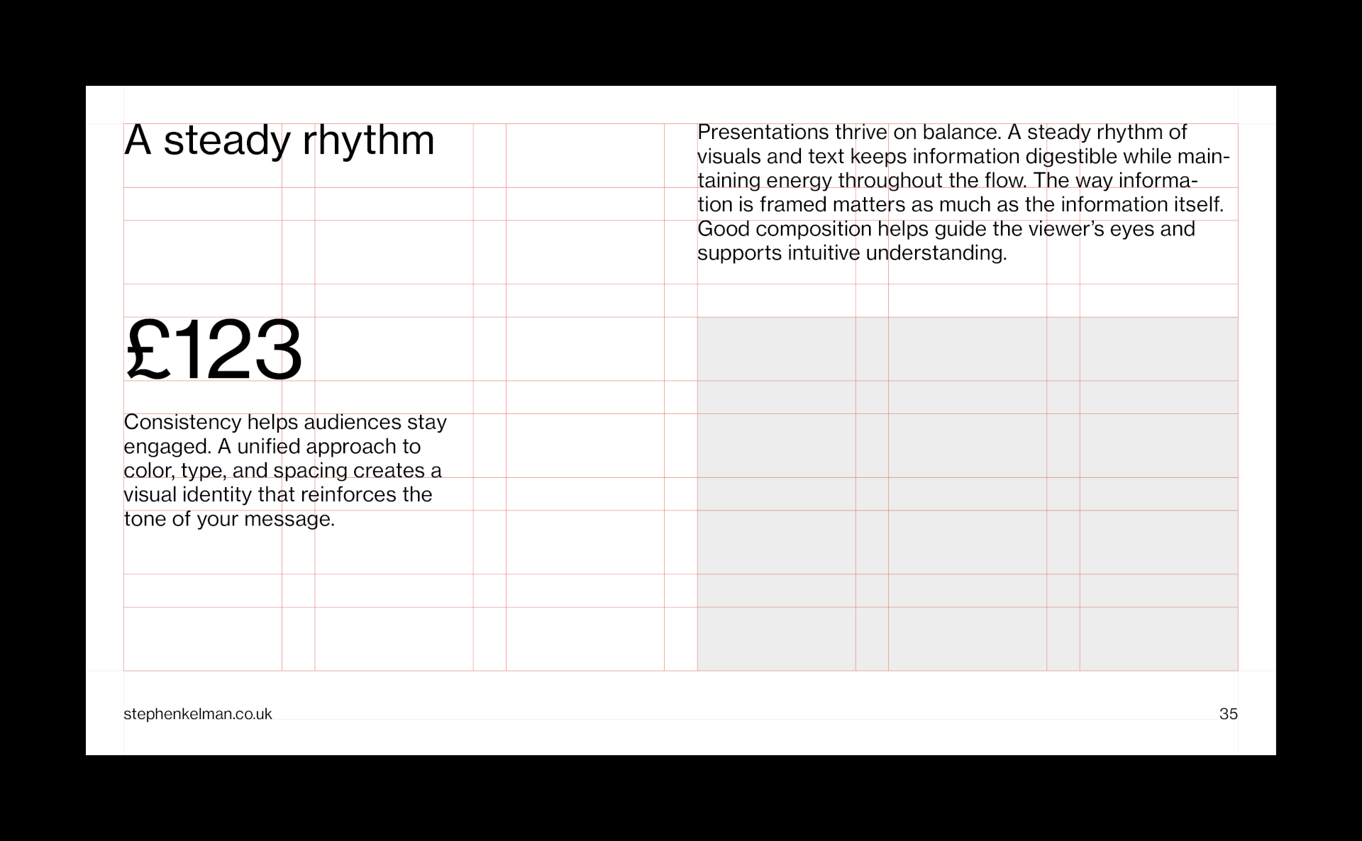 A steady rhythm slide with red grid guides, a large currency figure and image placeholders alongside two text columns.