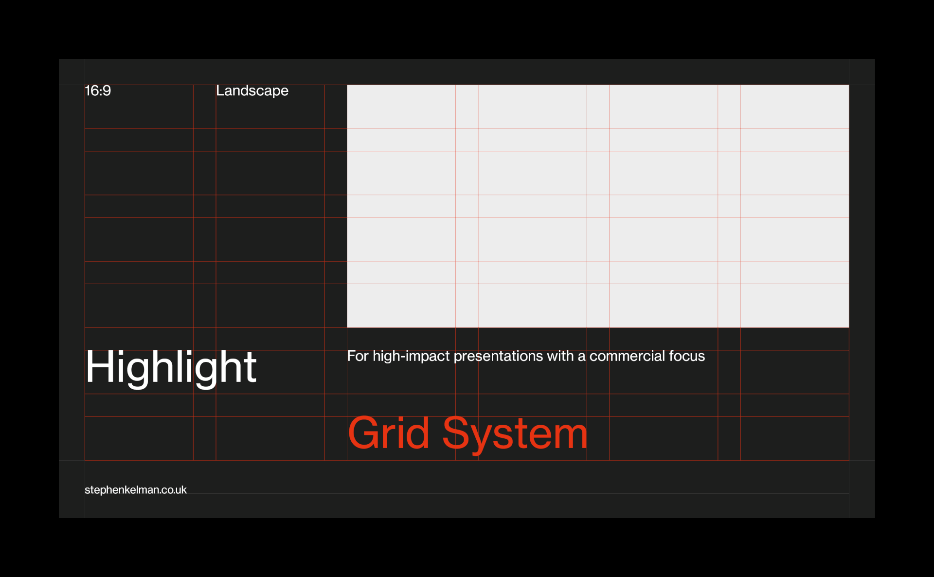 16:9 landscape presentation grid system with modular columns and baseline grid