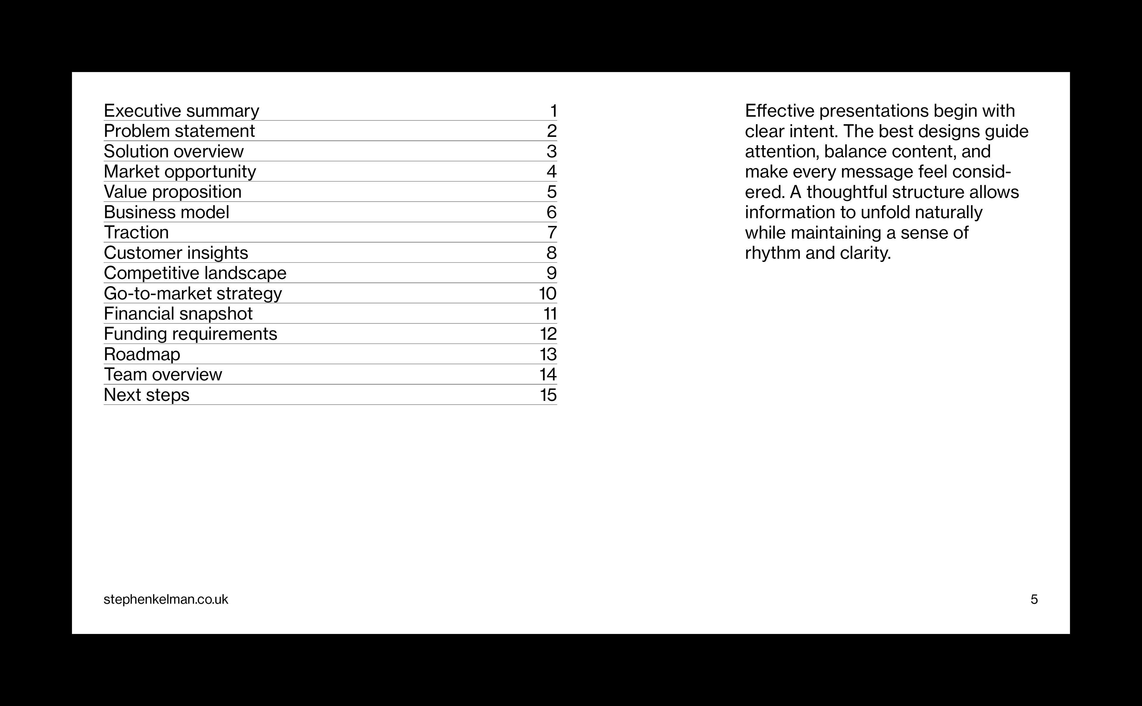 Table of contents slide from a 16:9 presentation template featuring a structured grid-based layout