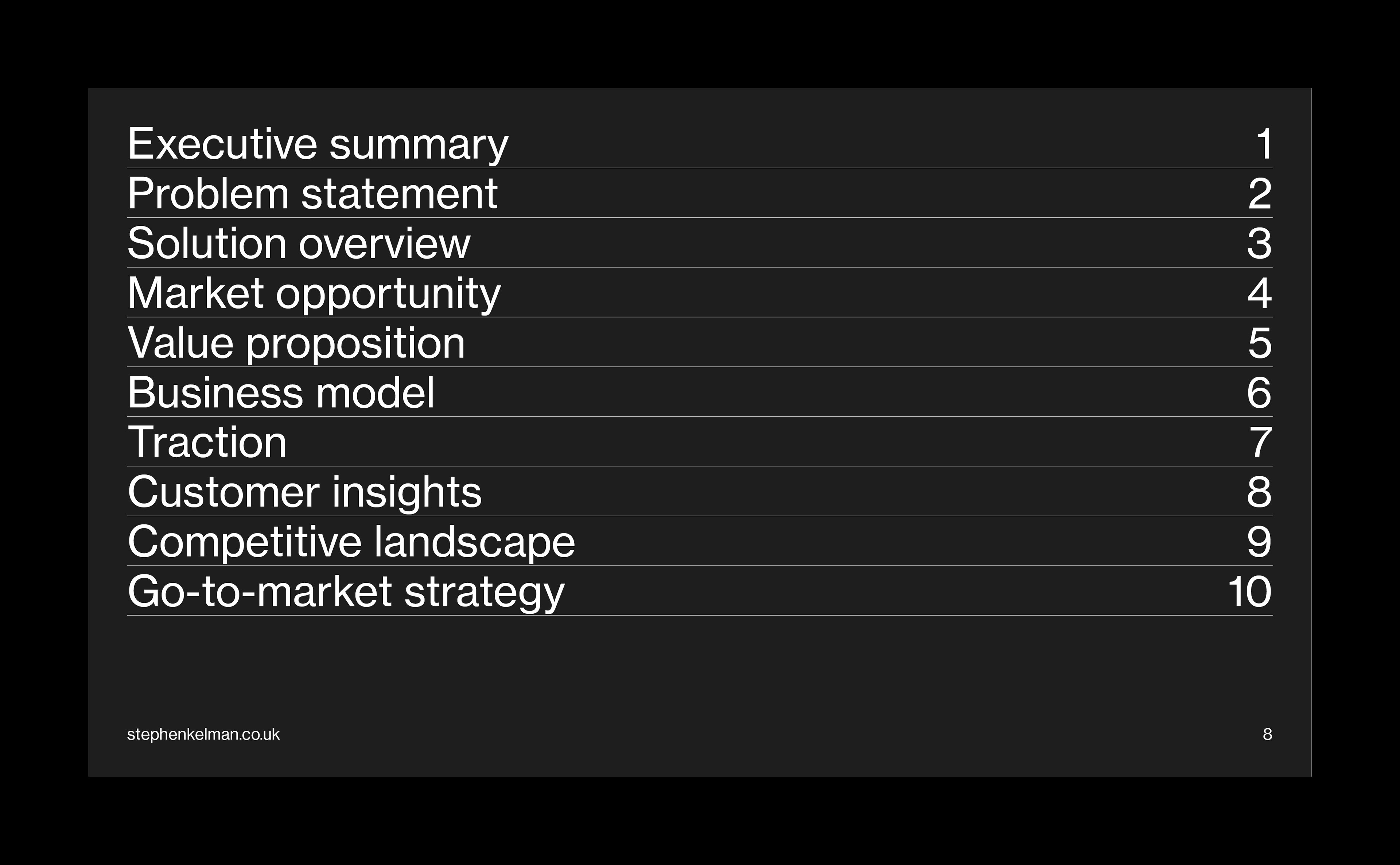 Agenda slide layout from a 16:9 business presentation template