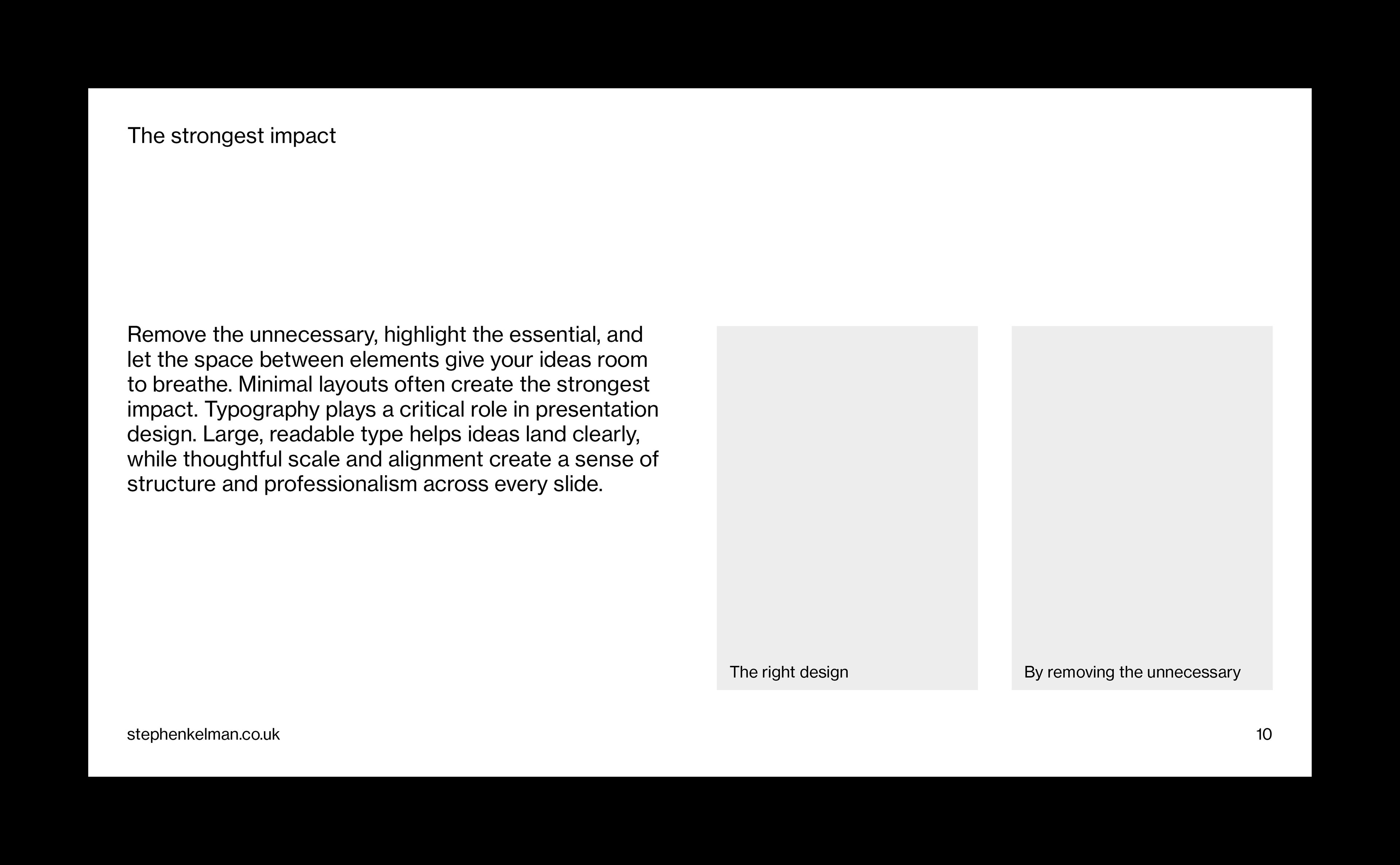 Minimal presentation slide design combining editorial text and supporting imagery