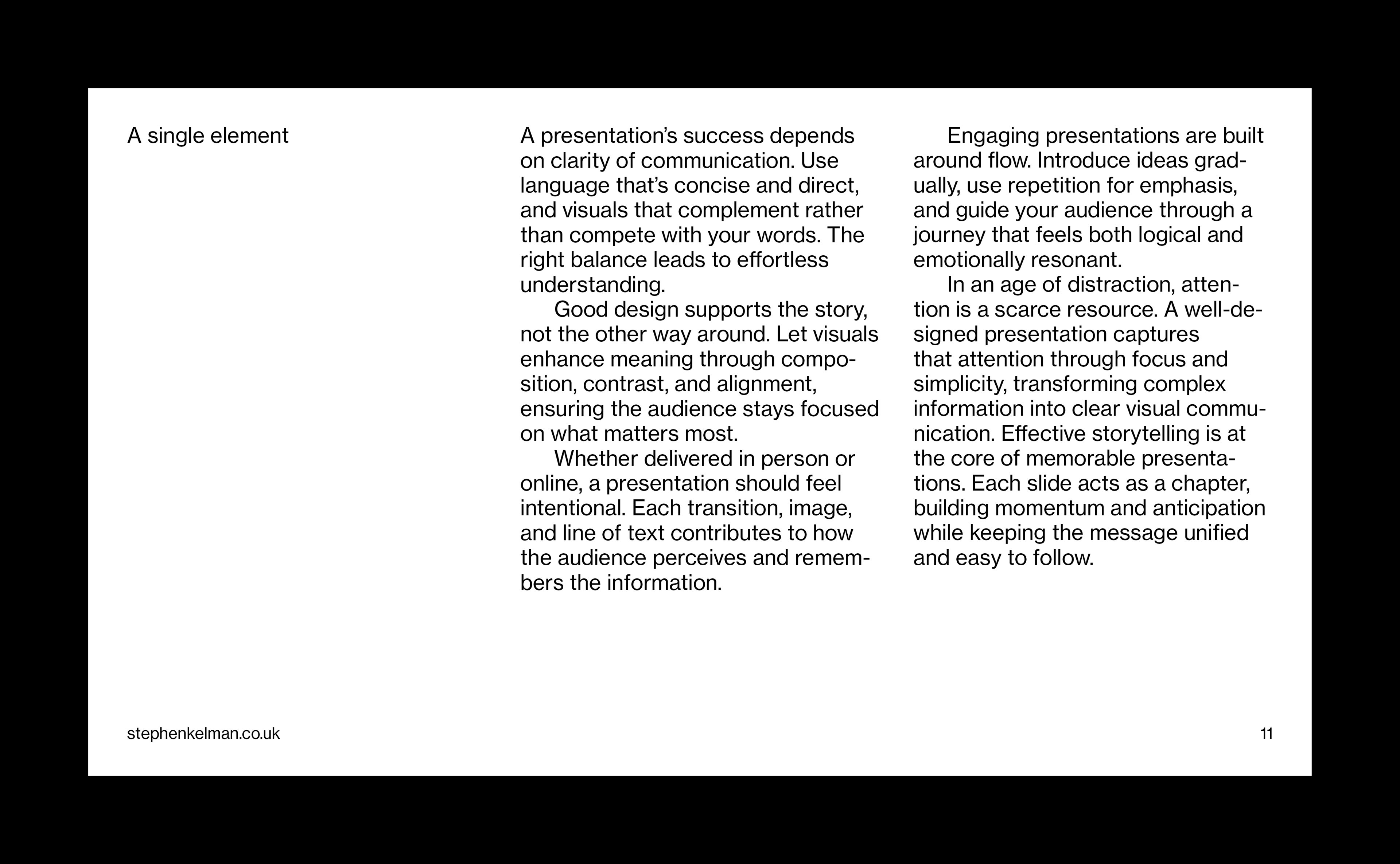 Editorial-style presentation slide with multi-column typography and structured content layout