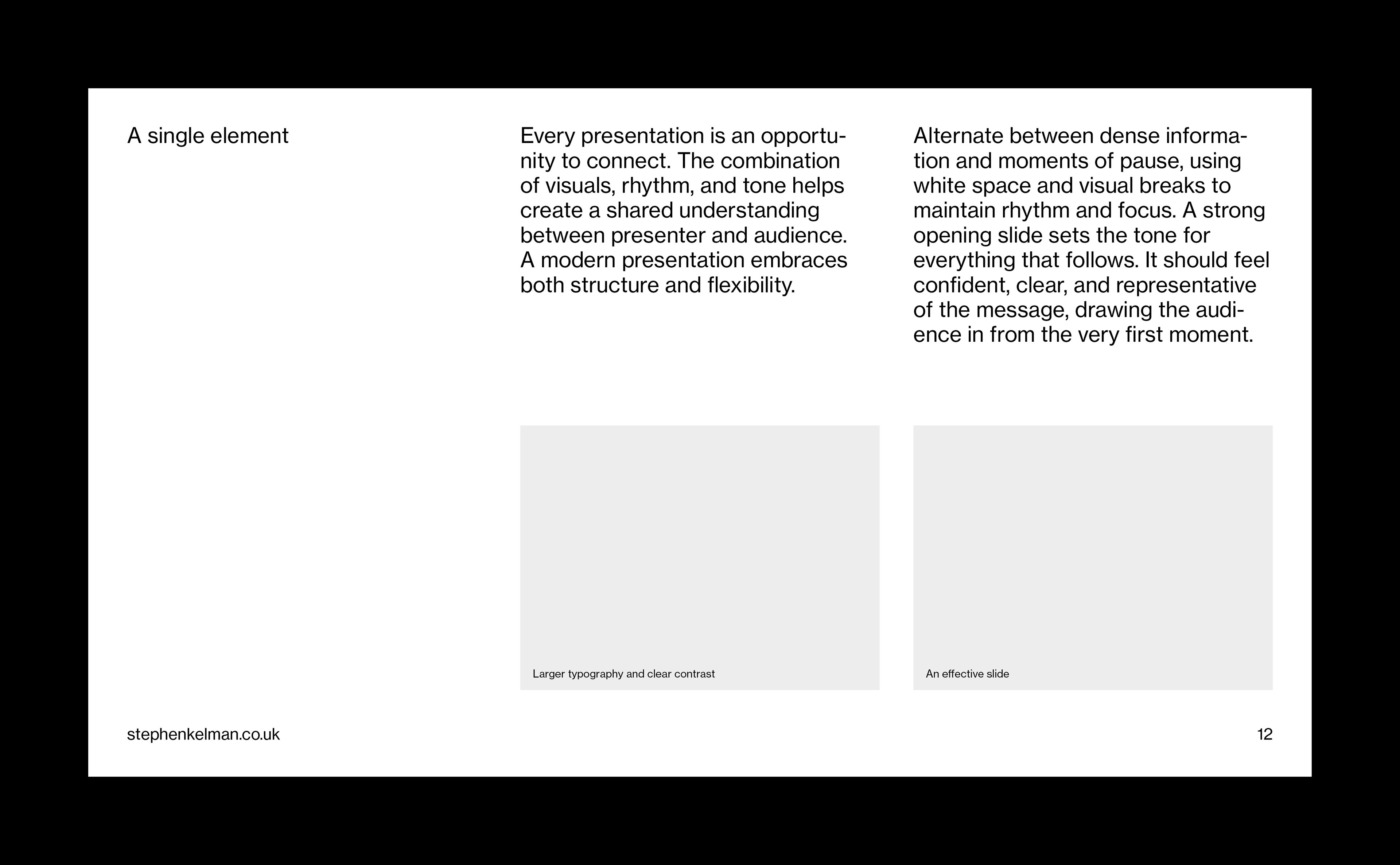 Editorial presentation slide layout combining structured text content with a two-image gallery