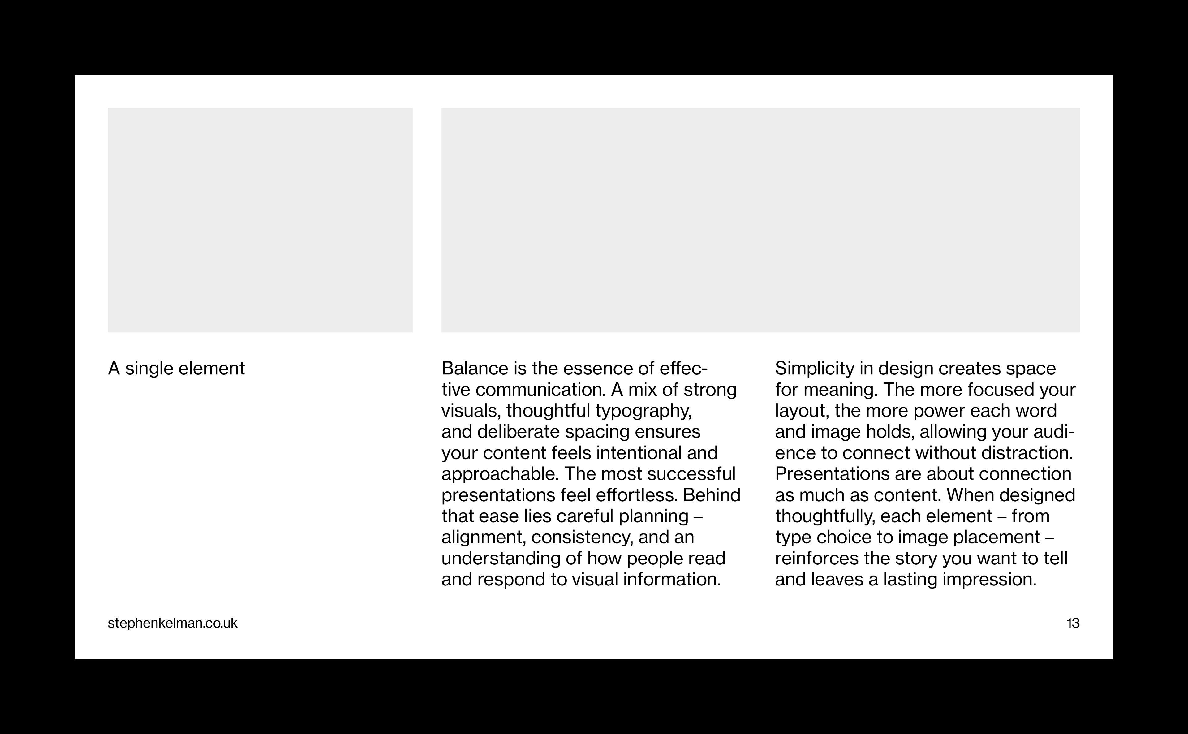 Editorial presentation slide combining image panels with structured text content