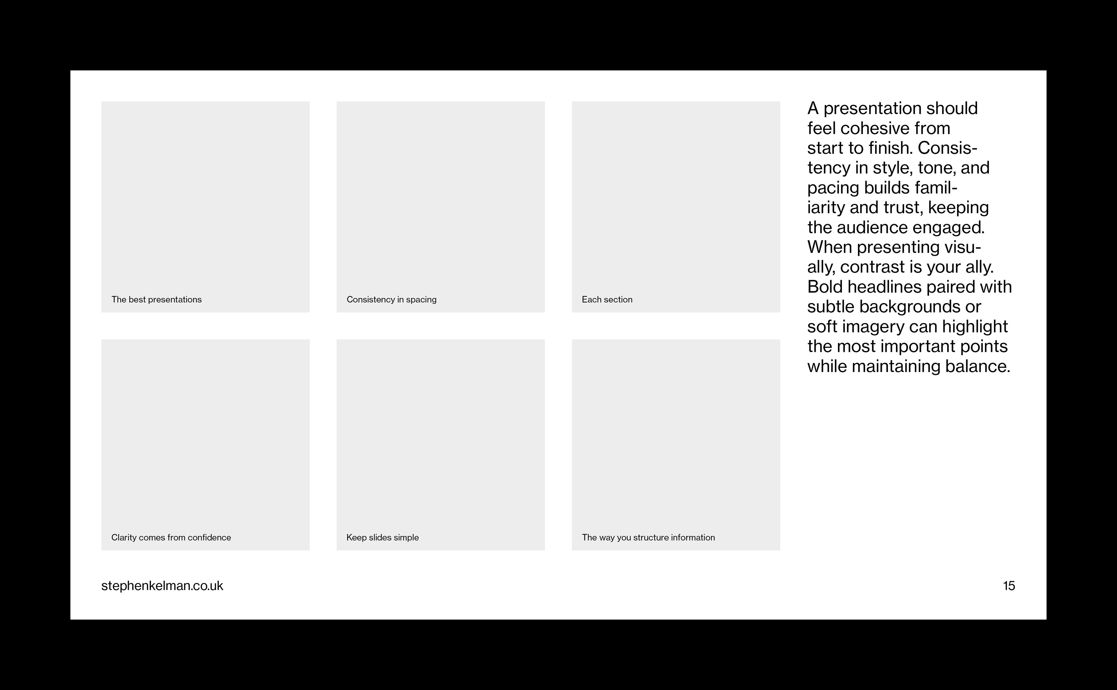 Image gallery presentation slide featuring a six-panel grid and supporting editorial content