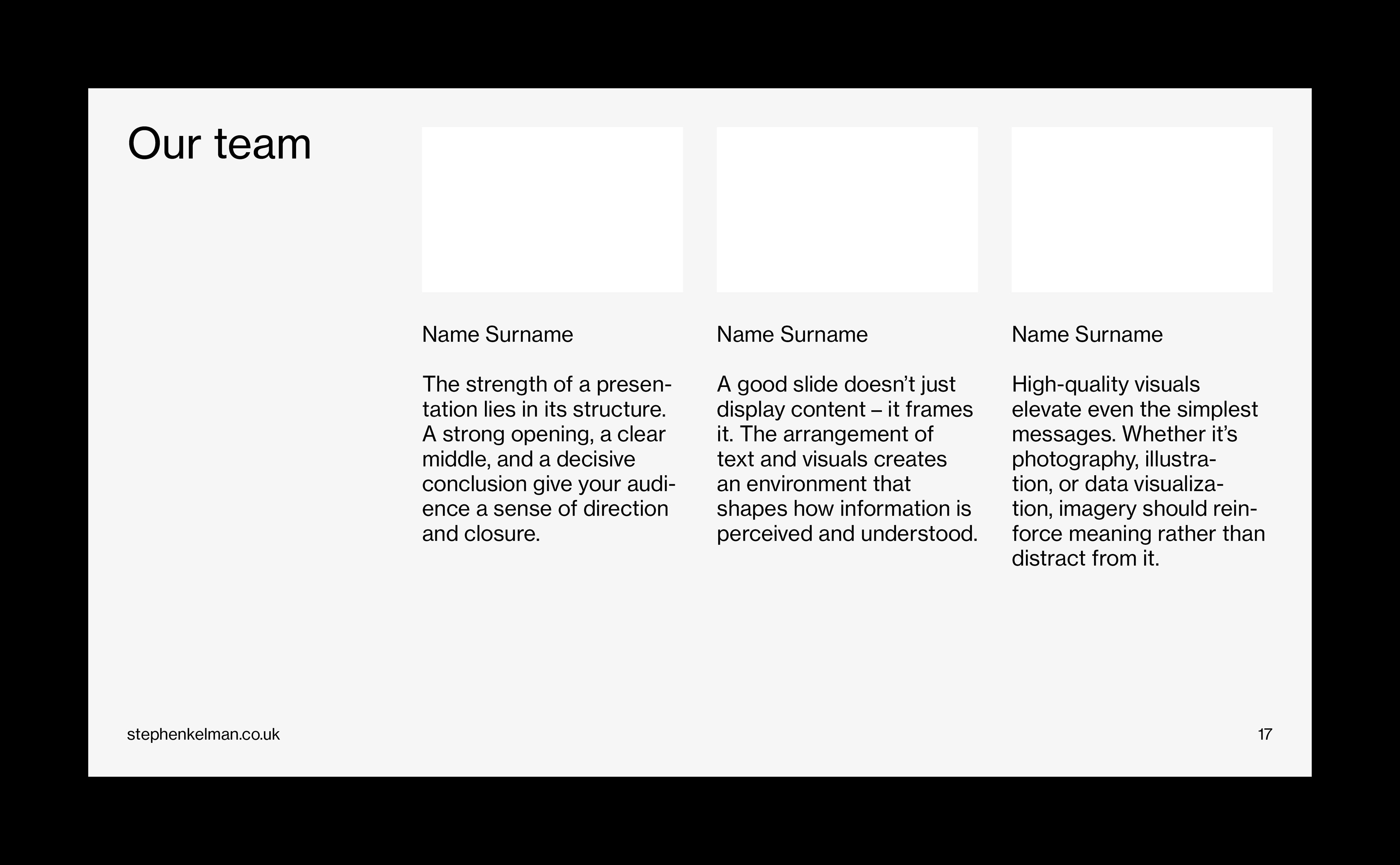 Team introduction slide featuring profile cards, portraits and biographies