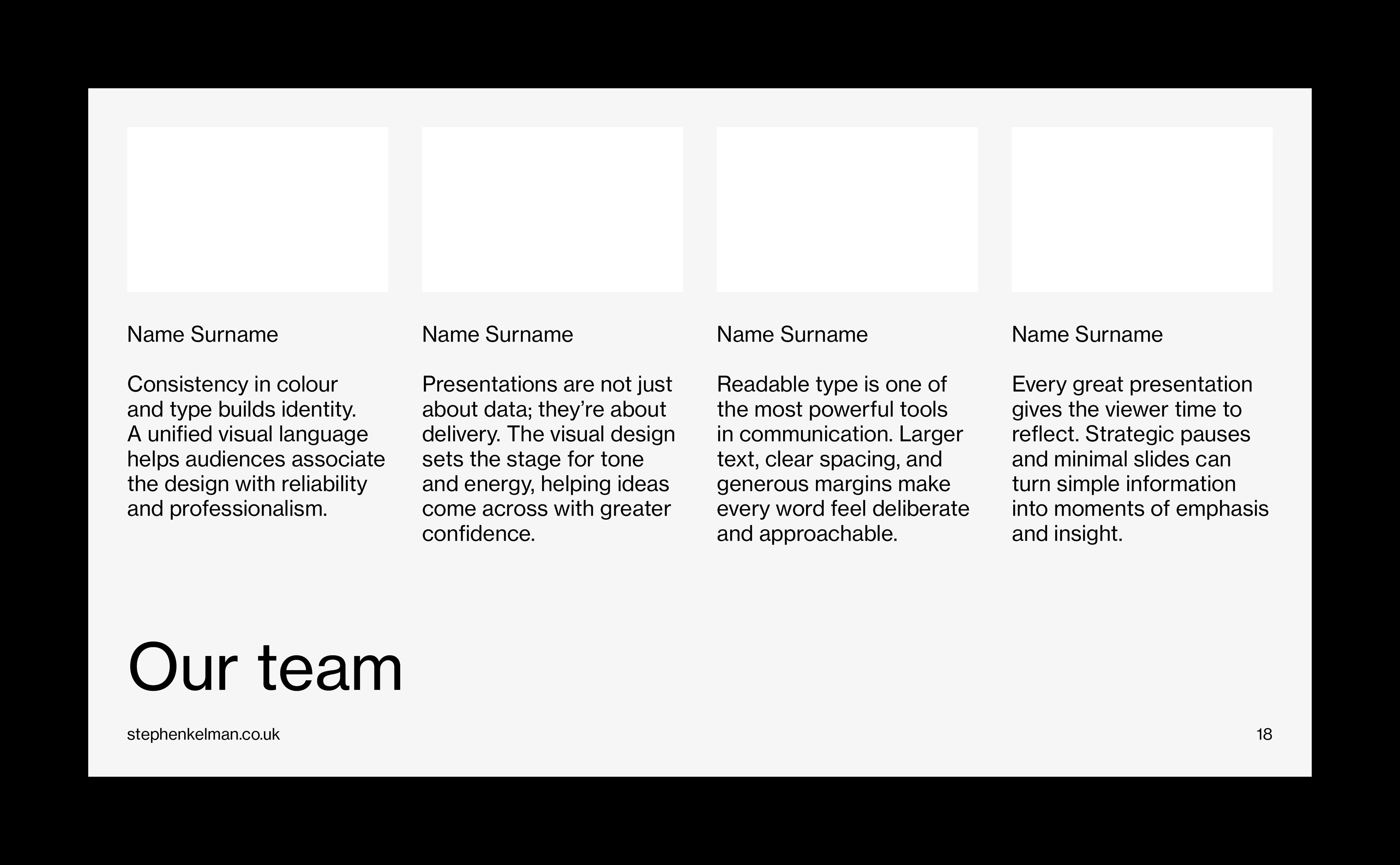 Team presentation slide featuring four profile cards with portraits and biographies