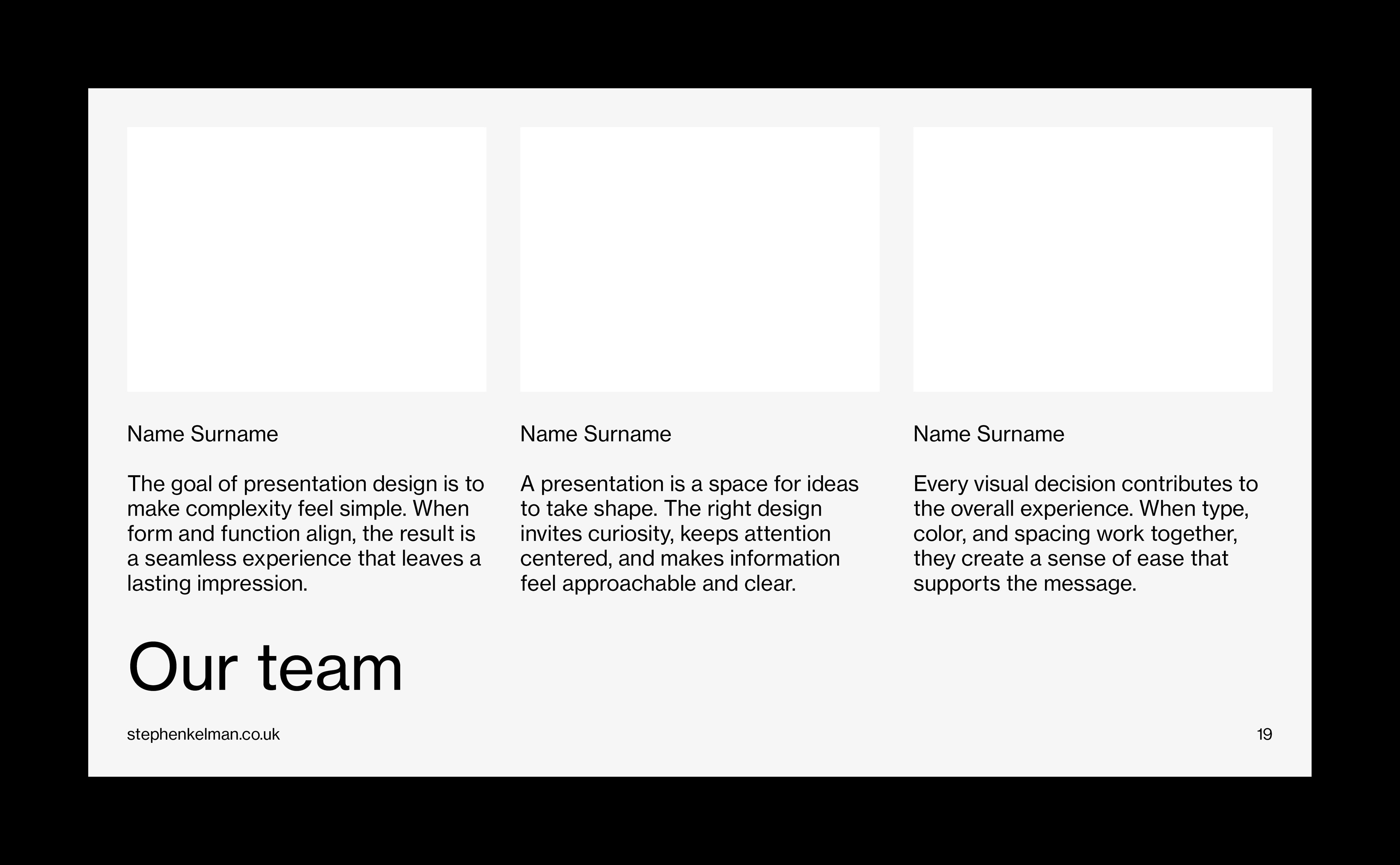 Team presentation slide featuring four profile cards with portraits and biographies