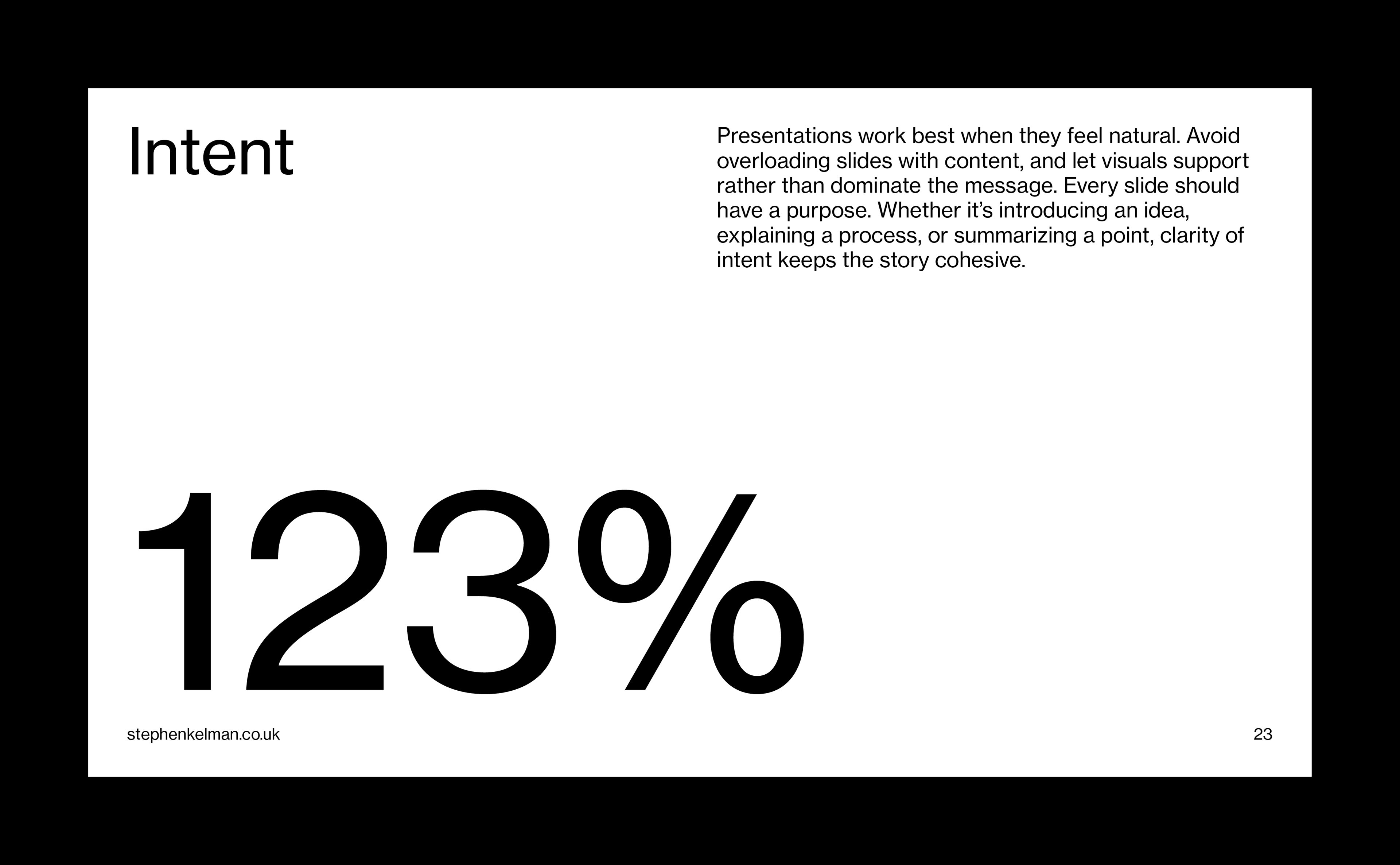 Presentation statement slide combining editorial content with a highlighted percentage metric