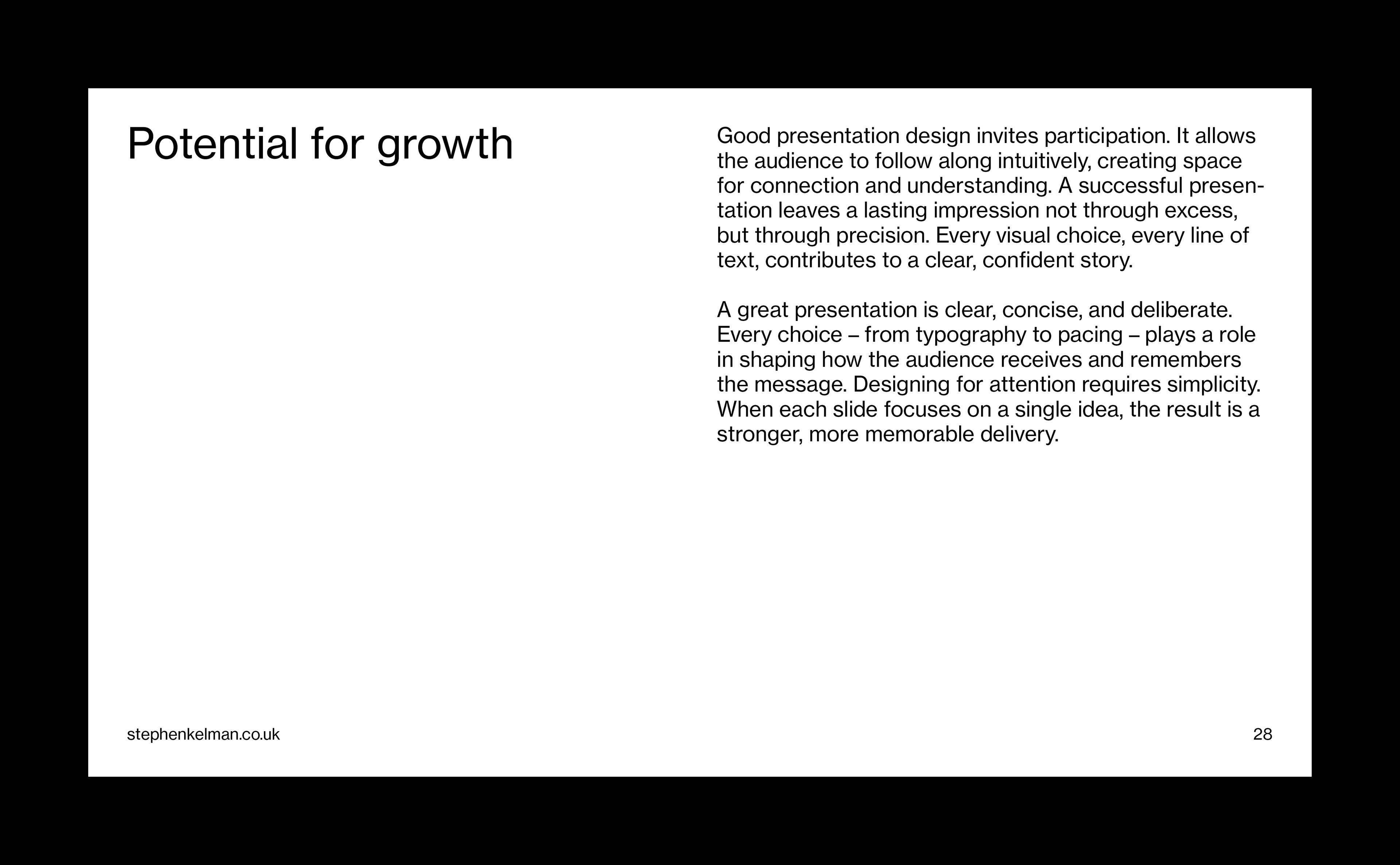 Minimal editorial presentation slide with headline and long-form content