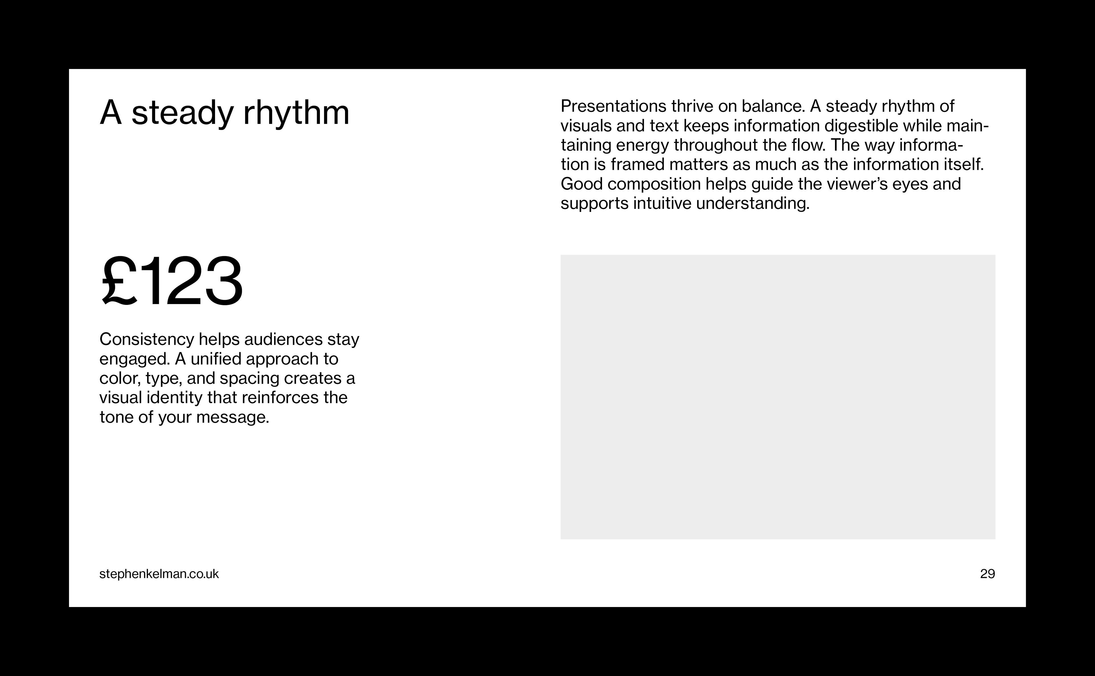 Presentation slide combining a featured metric, editorial content and supporting image