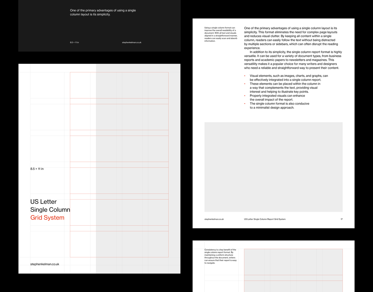 US Letter Single Column Report Grid System for InDesign