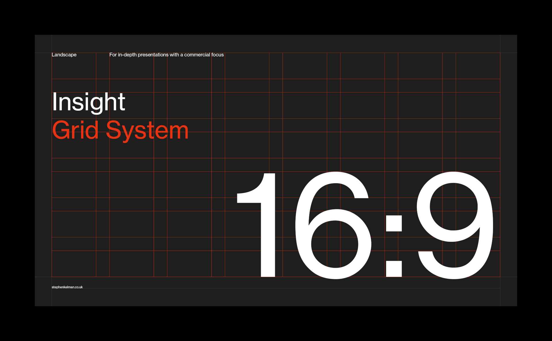 Insight Grid System title slide on black, with a large 16:9 figure and red grid guides.