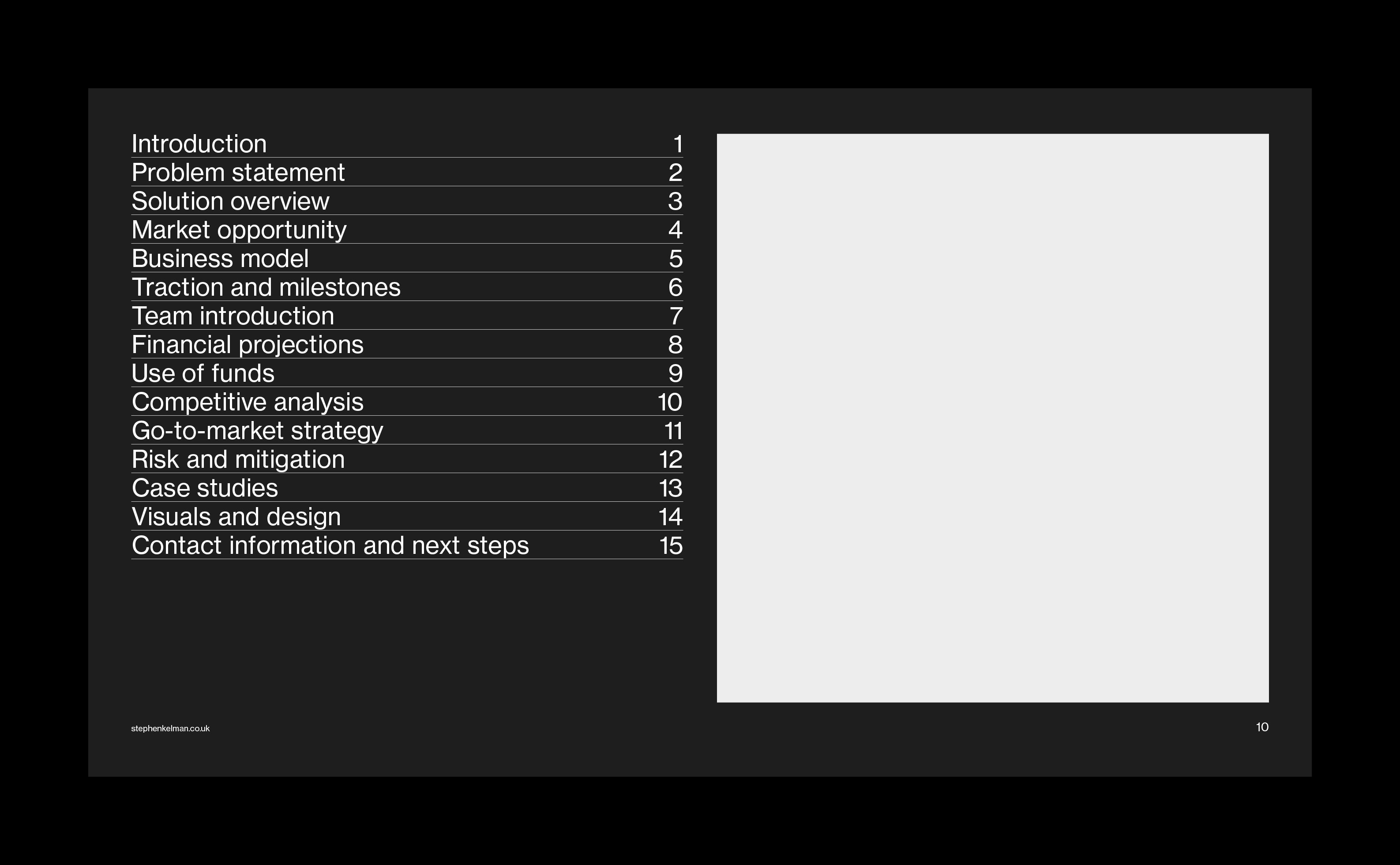 Dark 16:9 slide with contents list on left and blank content frame on right