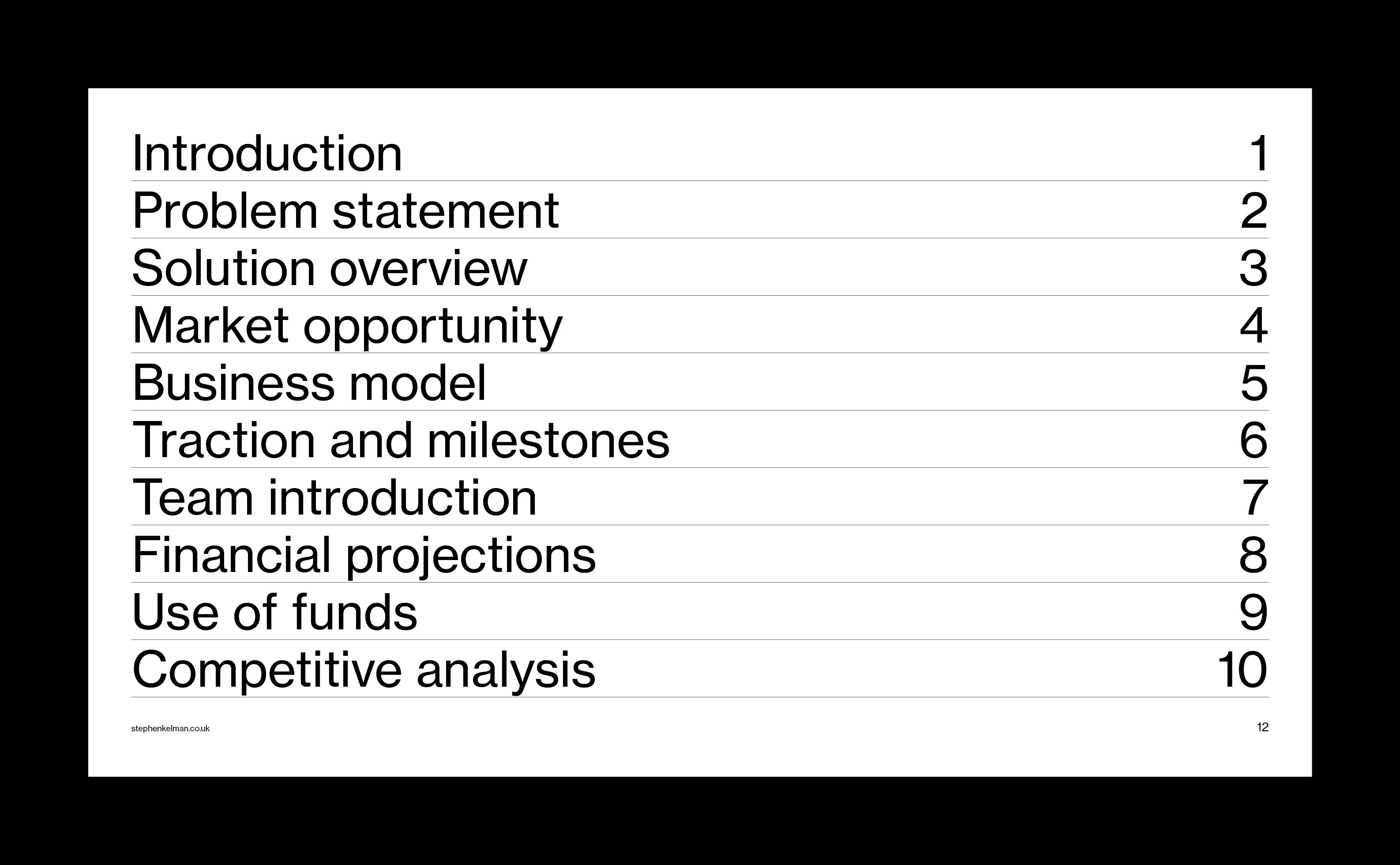 White 16:9 slide showing a bold 10-point contents list with large type and horizontal dividers