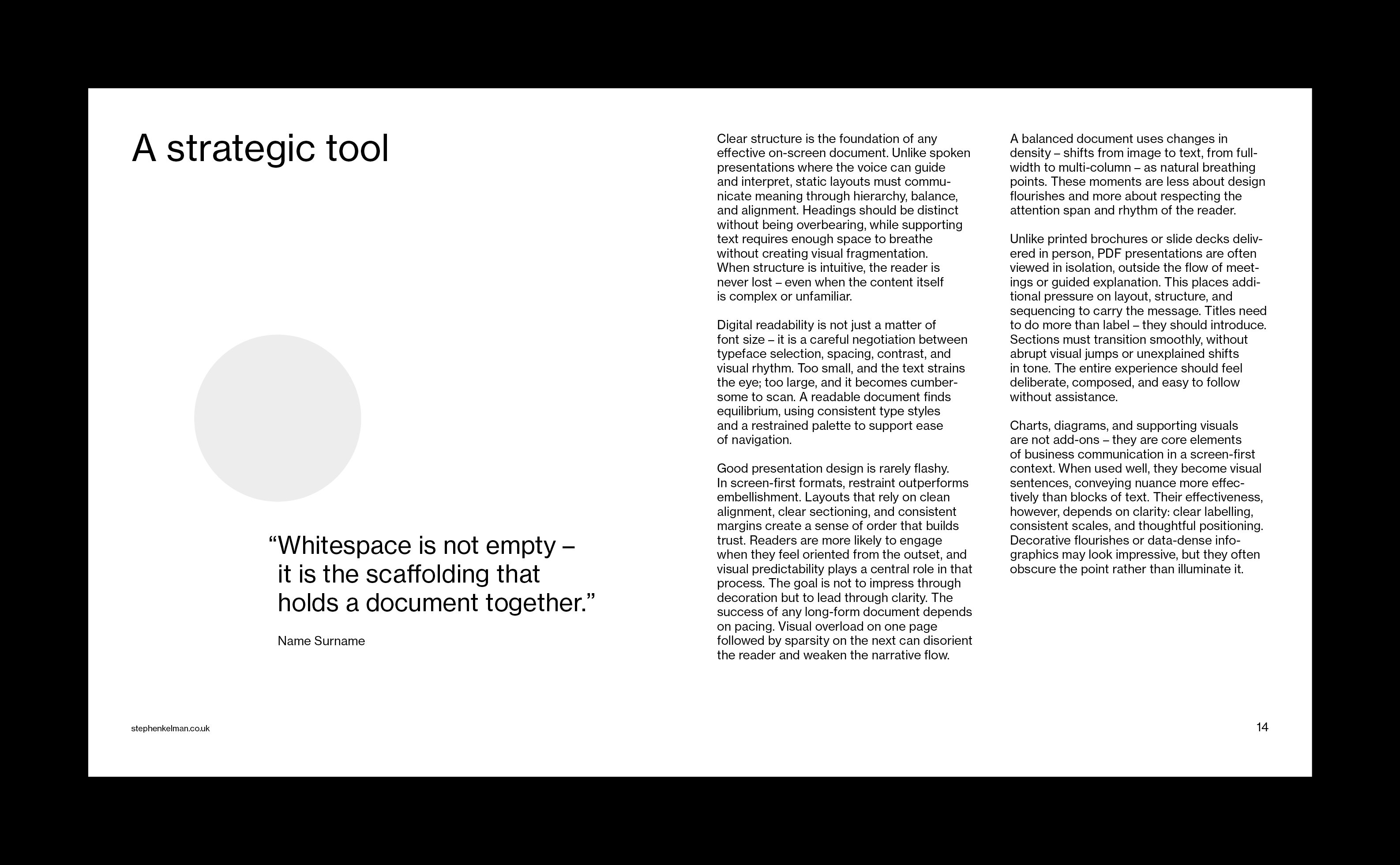 Two-column slide layout with quote and grey circle on left, structured editorial body text on right