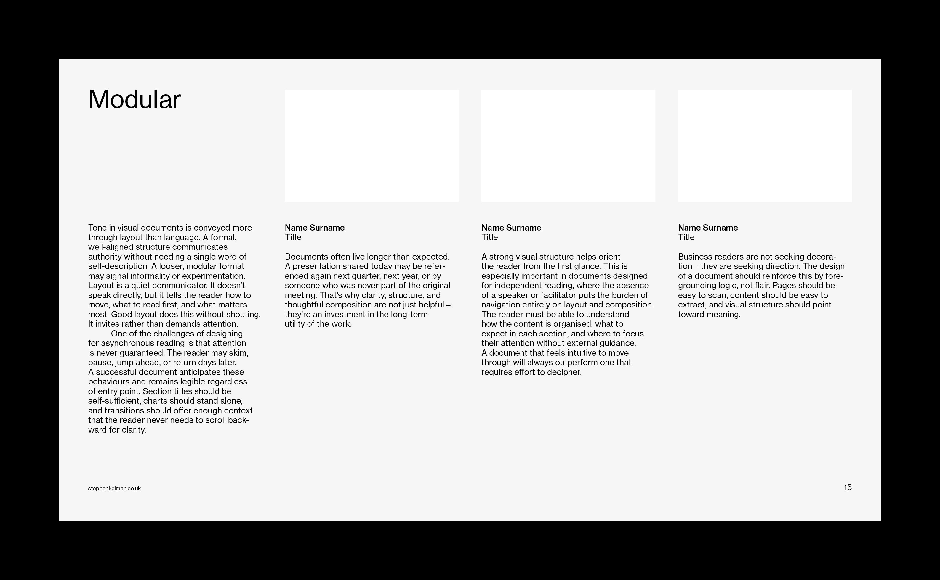 Modular grid with columns, image slots, and text blocks on grey background.