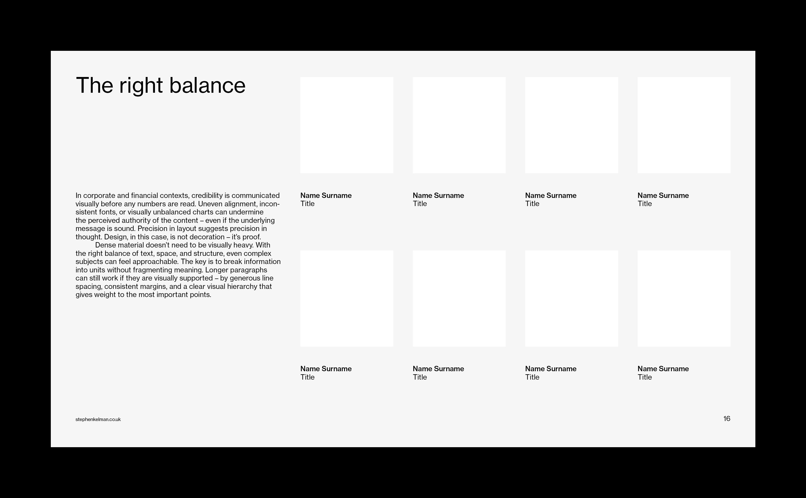 Grid layout with eight image slots and left-aligned supporting text on grey background.
