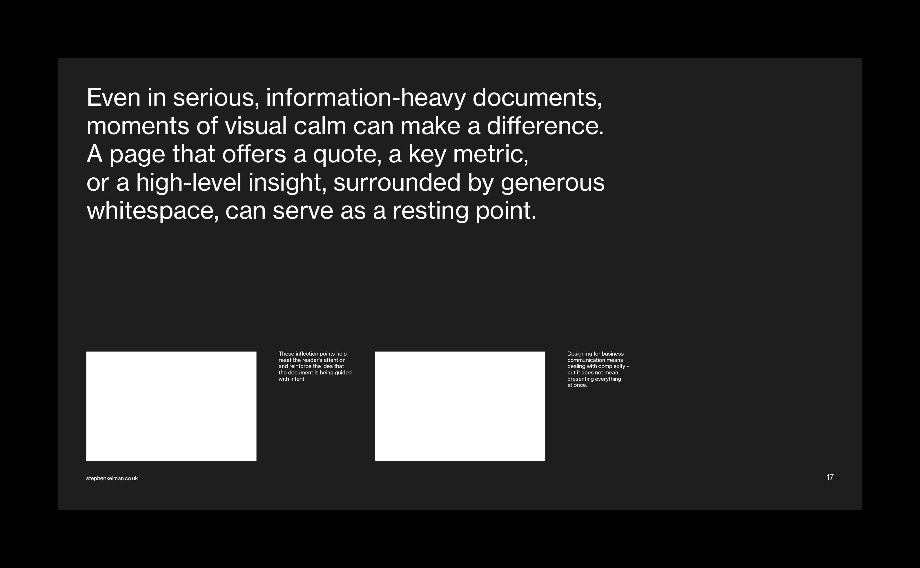 Dark layout with large headline, wide whitespace, and two central image placeholders.